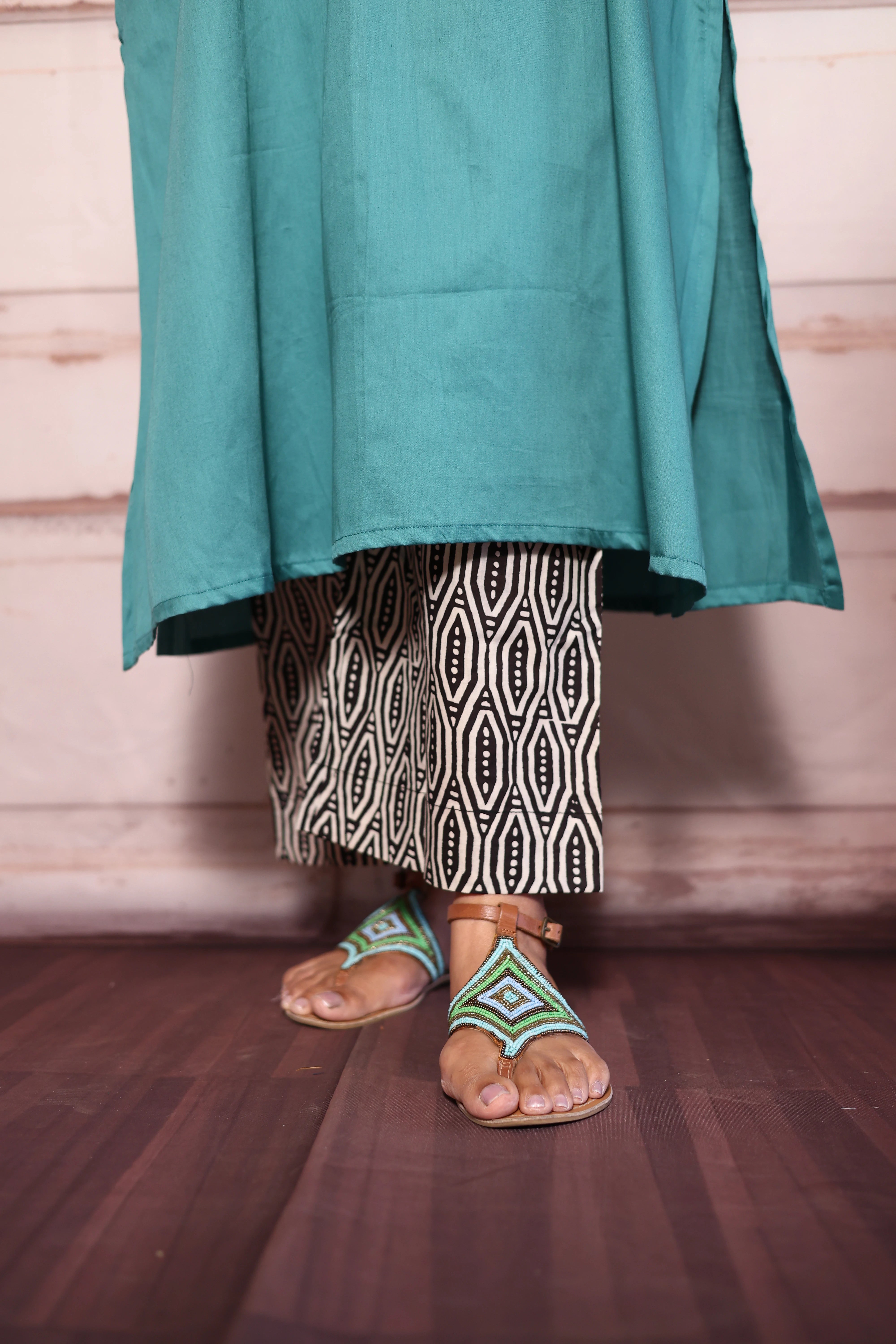 Teal Blue A-Line Kurti with Printed Palazzo Set | Cotton Ethnic Wear