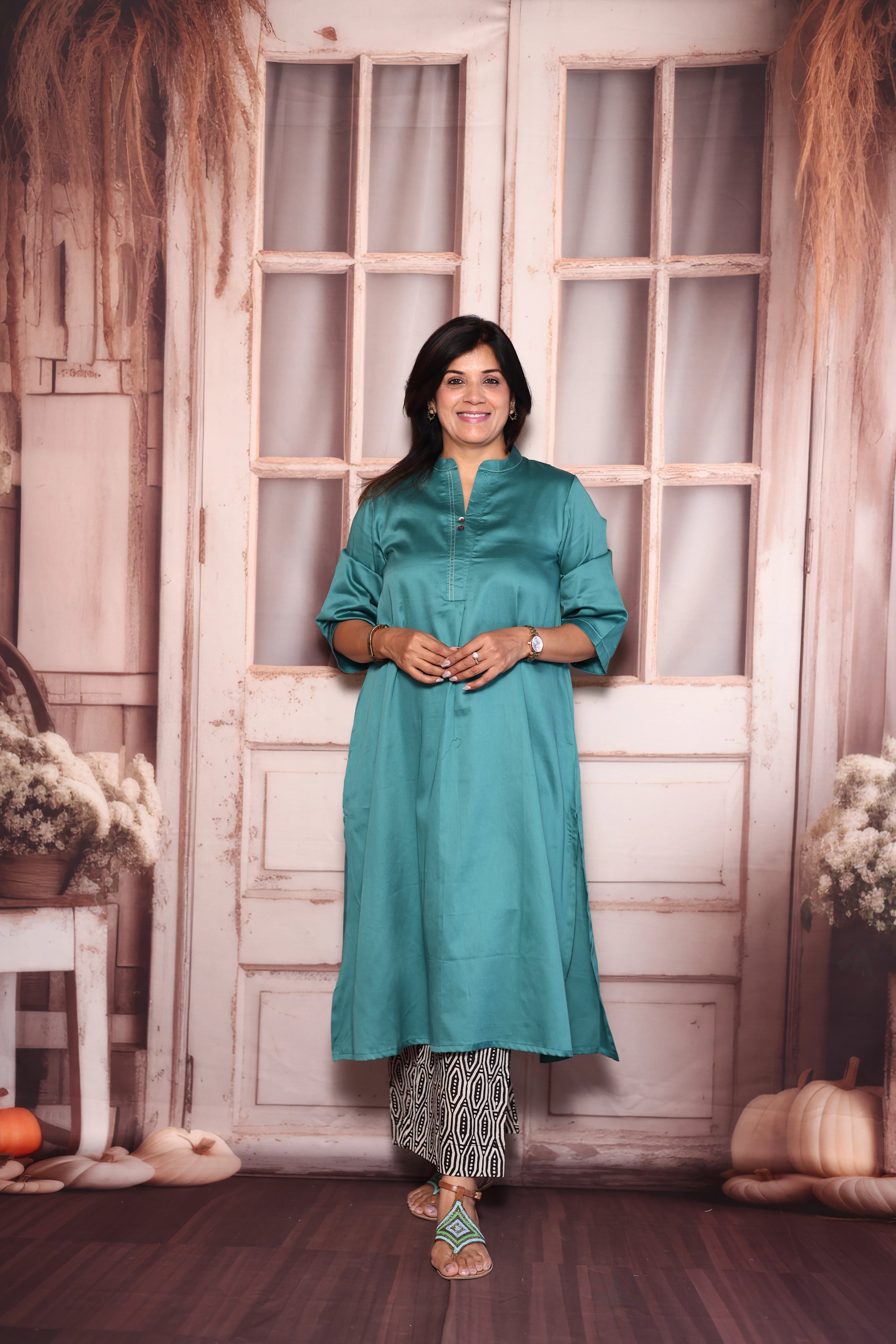 Teal Blue A-Line Kurti with Printed Palazzo Set | Cotton Ethnic Wear