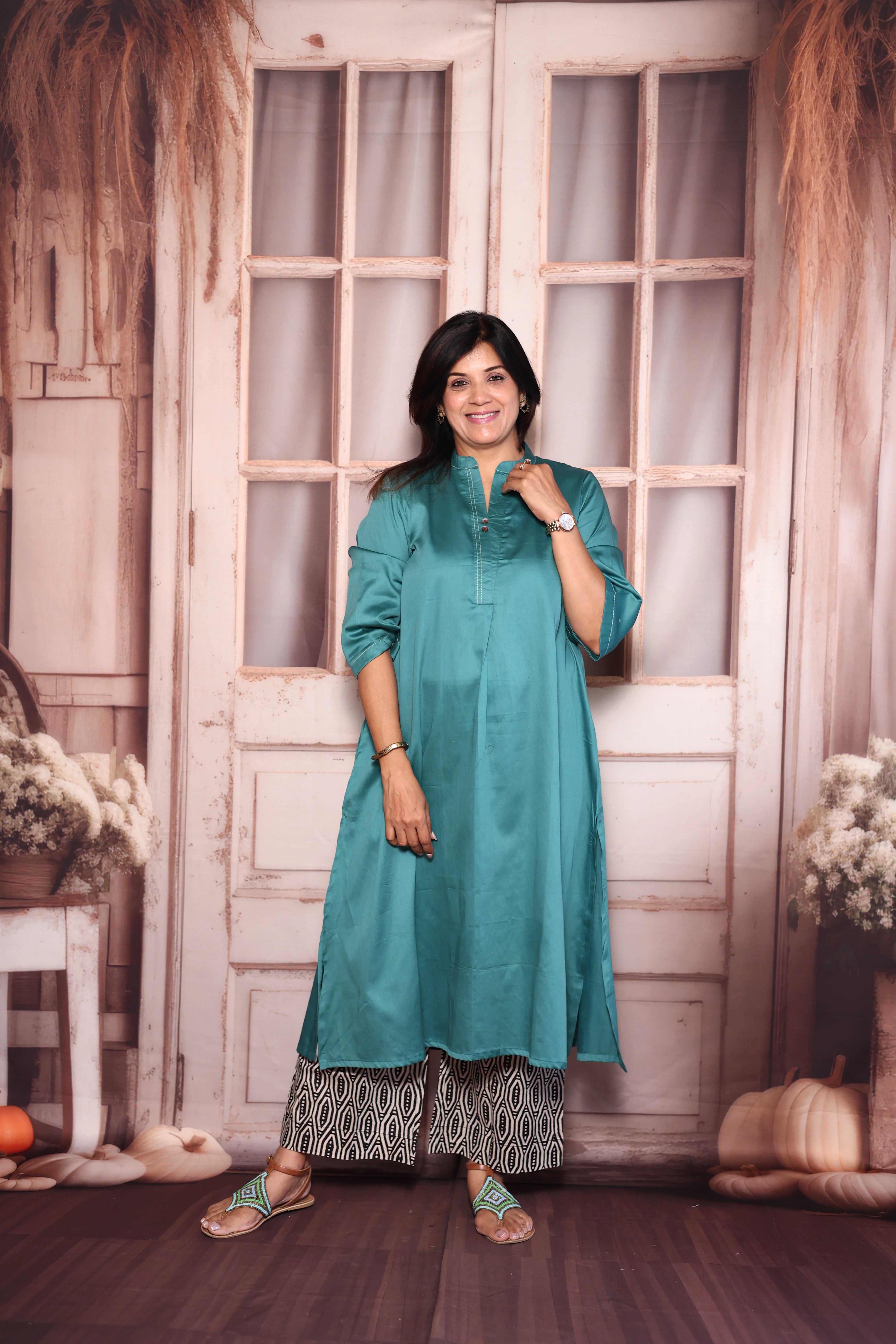 Teal Blue A-Line Kurti with Printed Palazzo Set | Cotton Ethnic Wear
