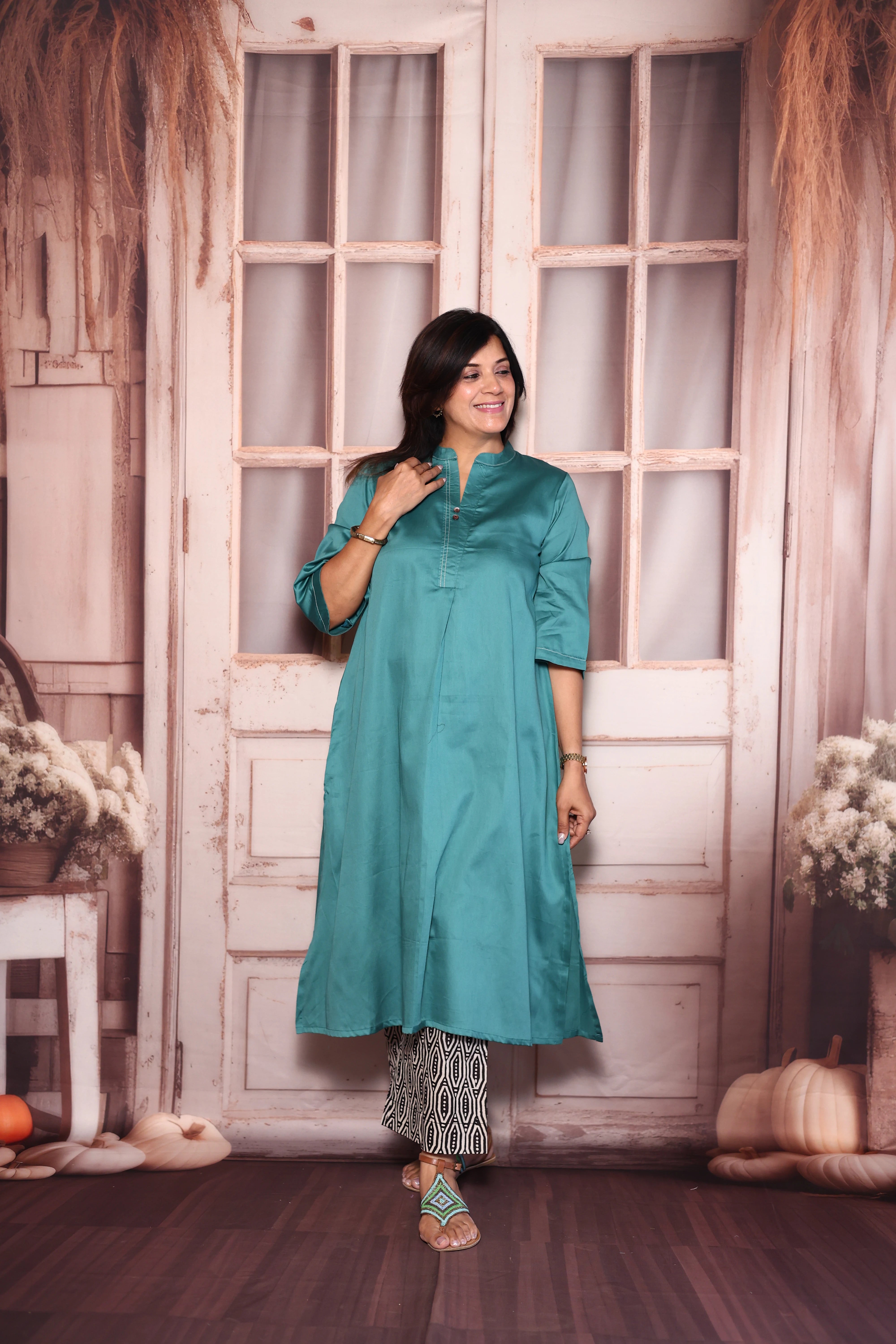 Teal Blue A-Line Kurti with Printed Palazzo Set | Cotton Ethnic Wear
