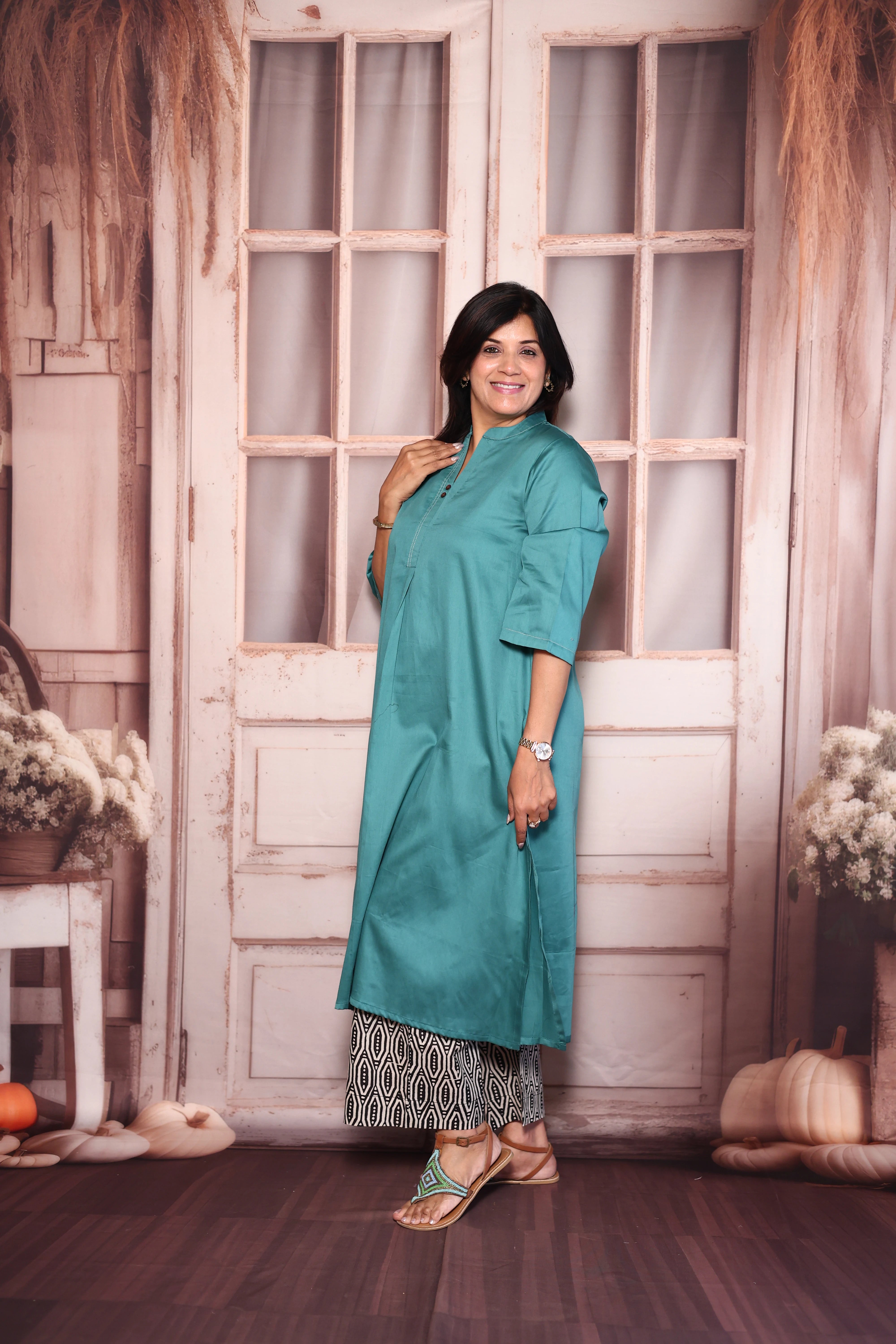 Teal Blue A-Line Kurti with Printed Palazzo Set | Cotton Ethnic Wear