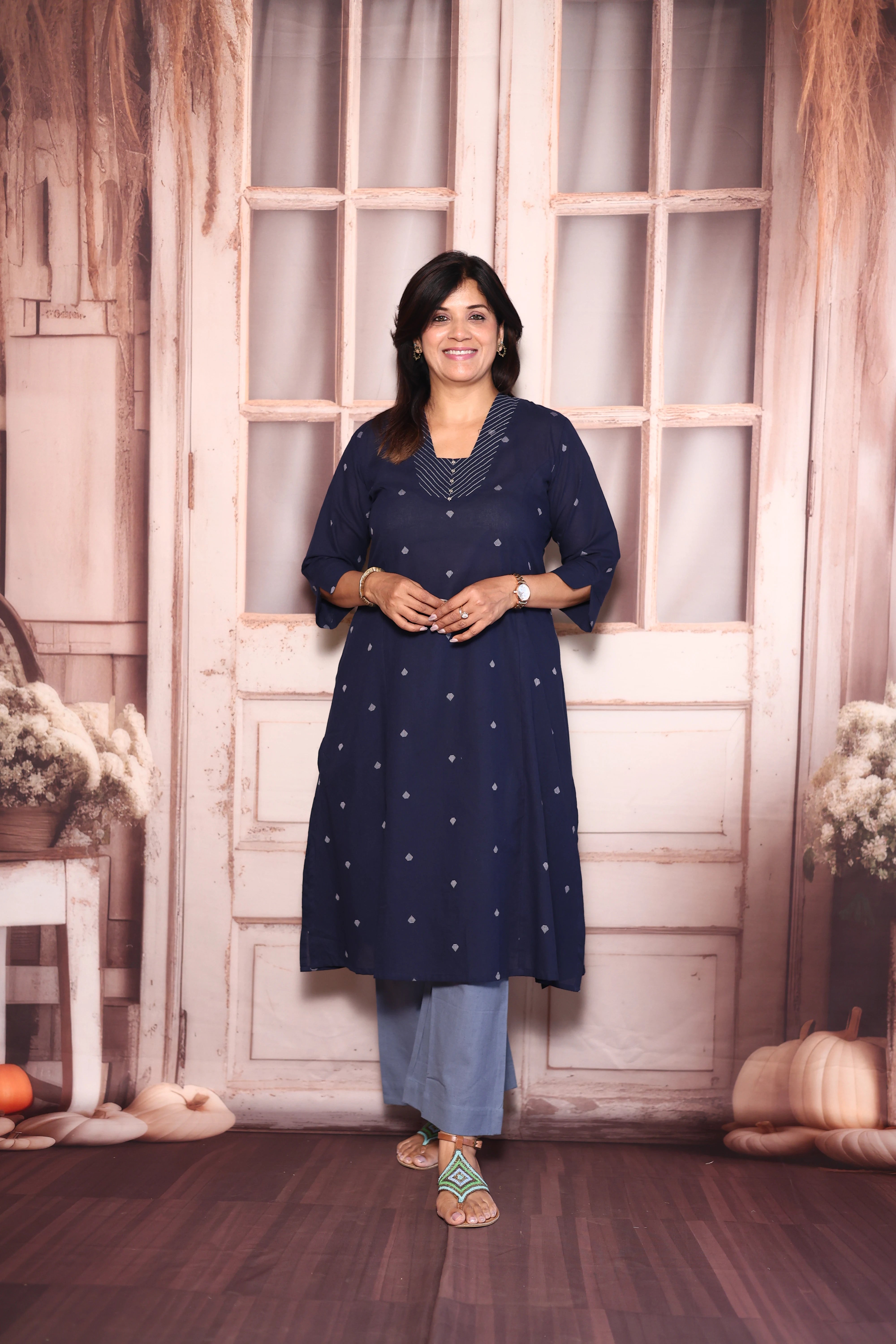 Navy Blue Ikat Print A-Line Kurti Palazzo Set | Cotton Ethnic Elegance