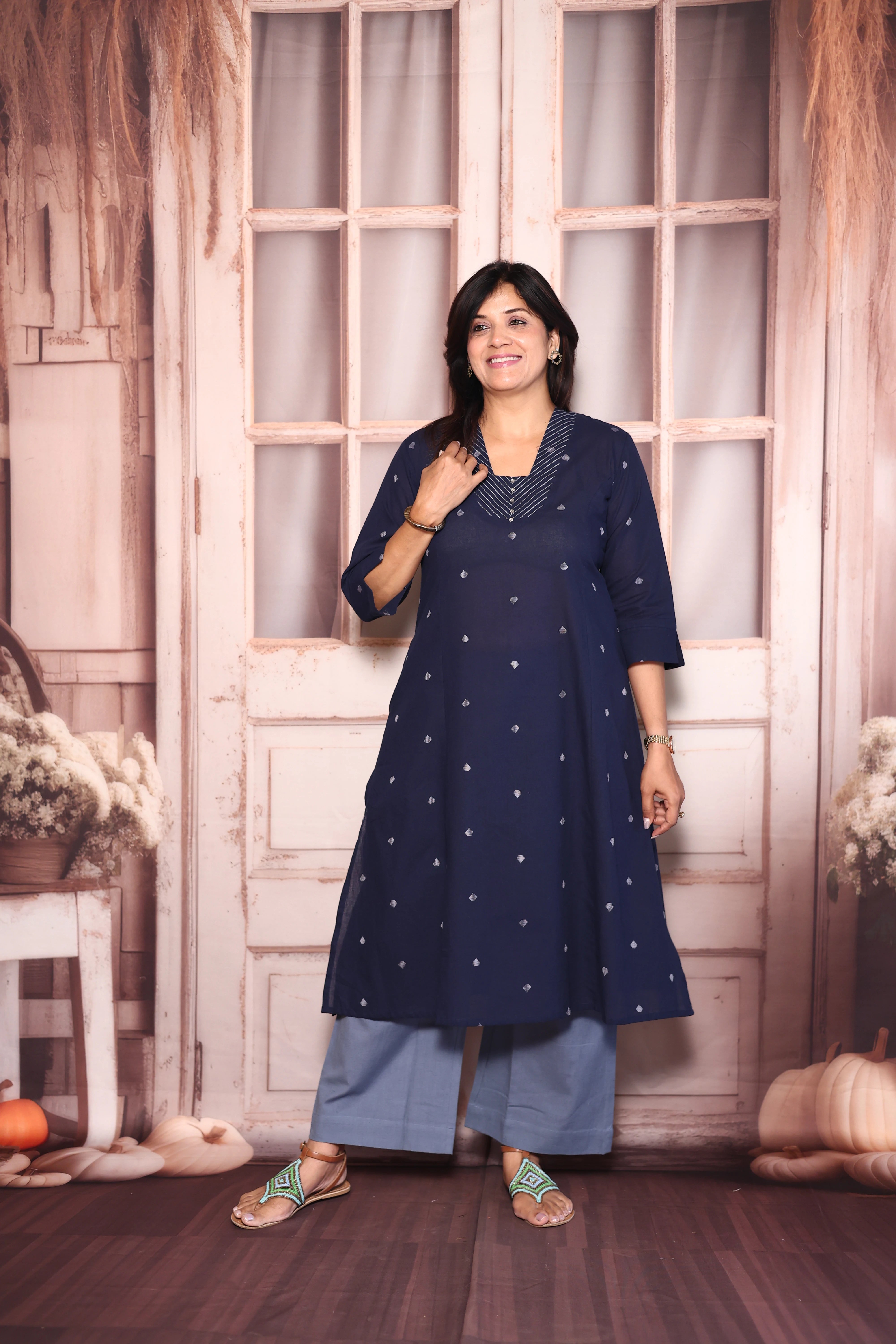 Navy Blue Ikat Print A-Line Kurti Palazzo Set | Cotton Ethnic Elegance