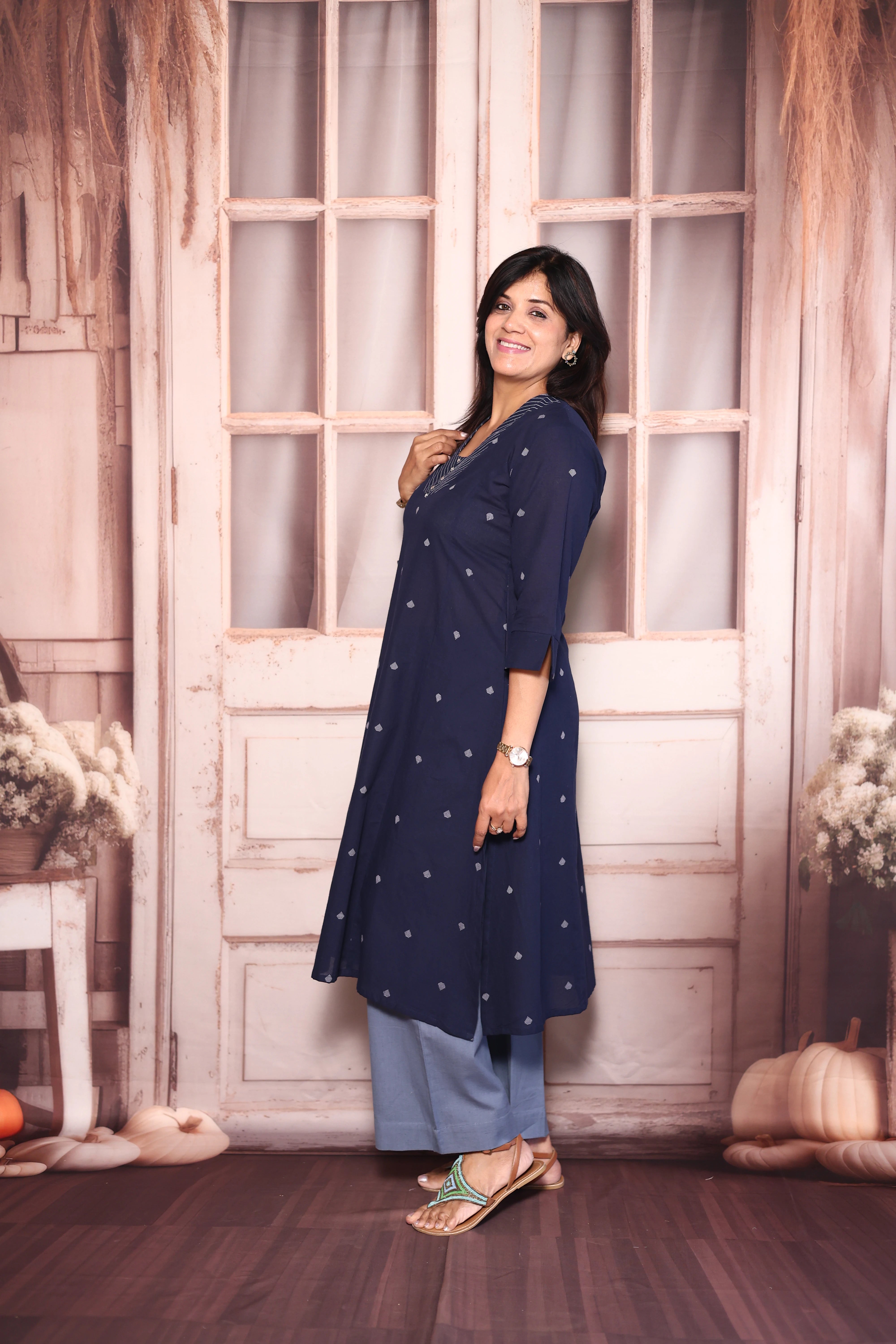 Navy Blue Ikat Print A-Line Kurti Palazzo Set | Cotton Ethnic Elegance