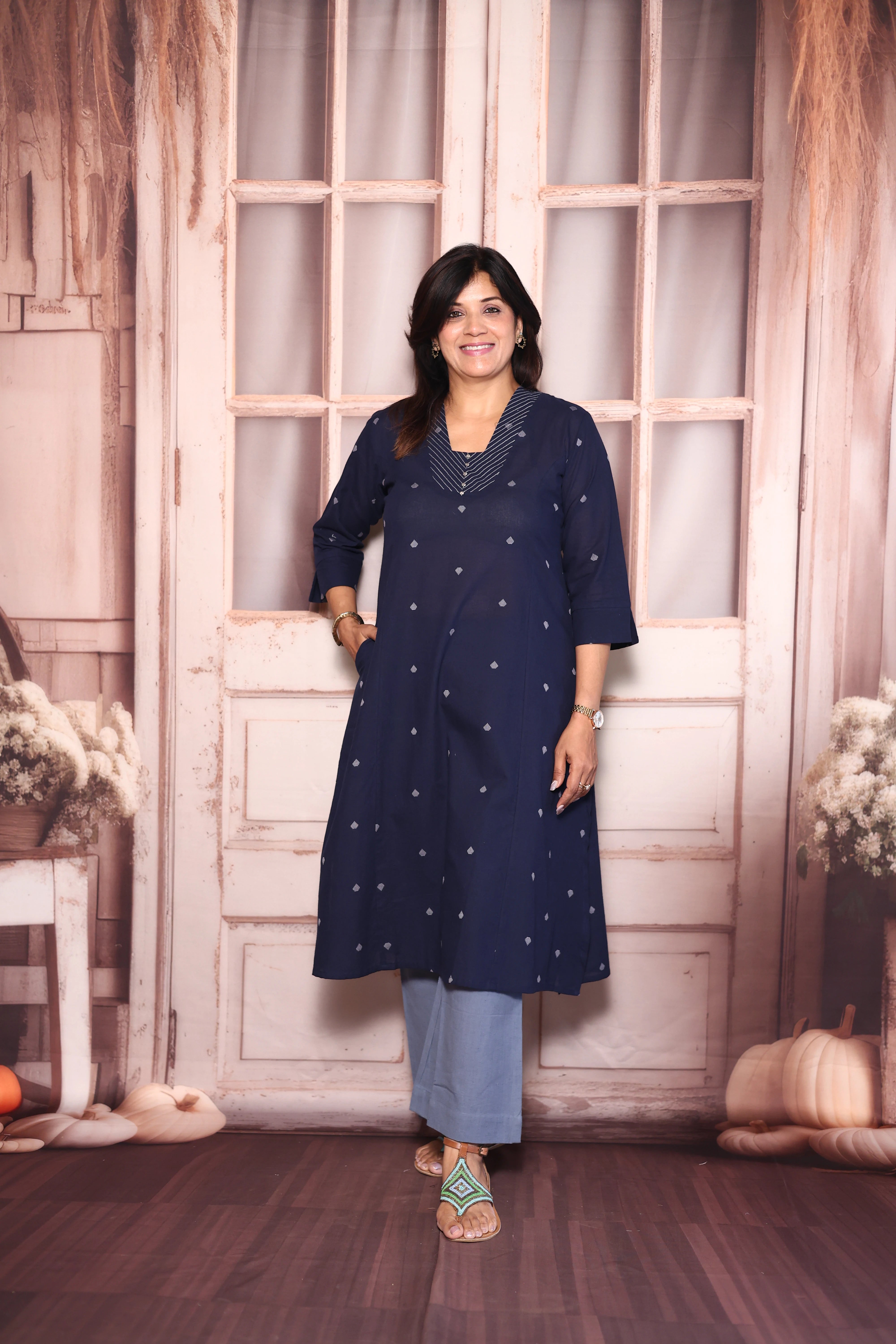 Navy Blue Ikat Print A-Line Kurti Palazzo Set | Cotton Ethnic Elegance