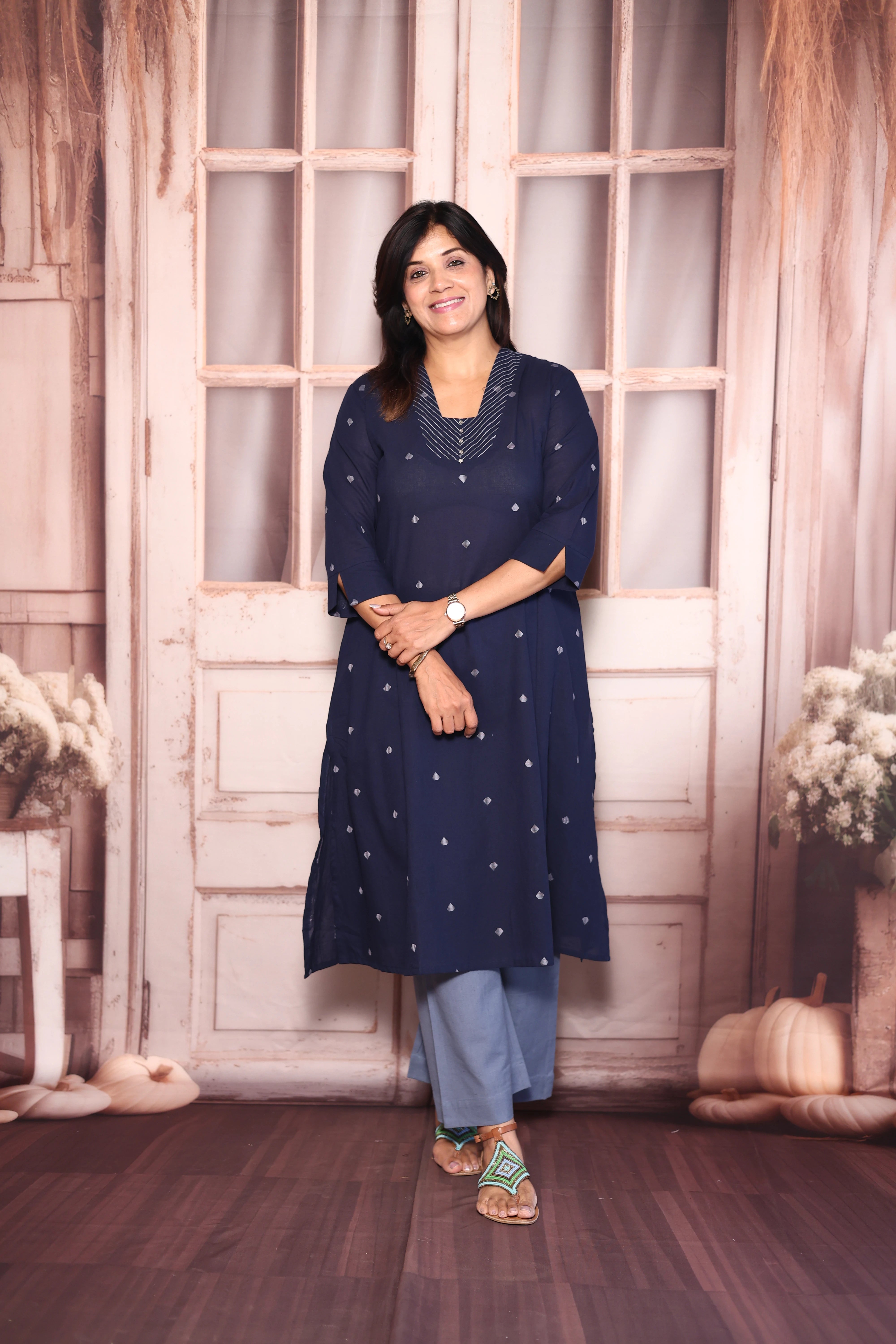 Navy Blue Ikat Print A-Line Kurti Palazzo Set | Cotton Ethnic Elegance