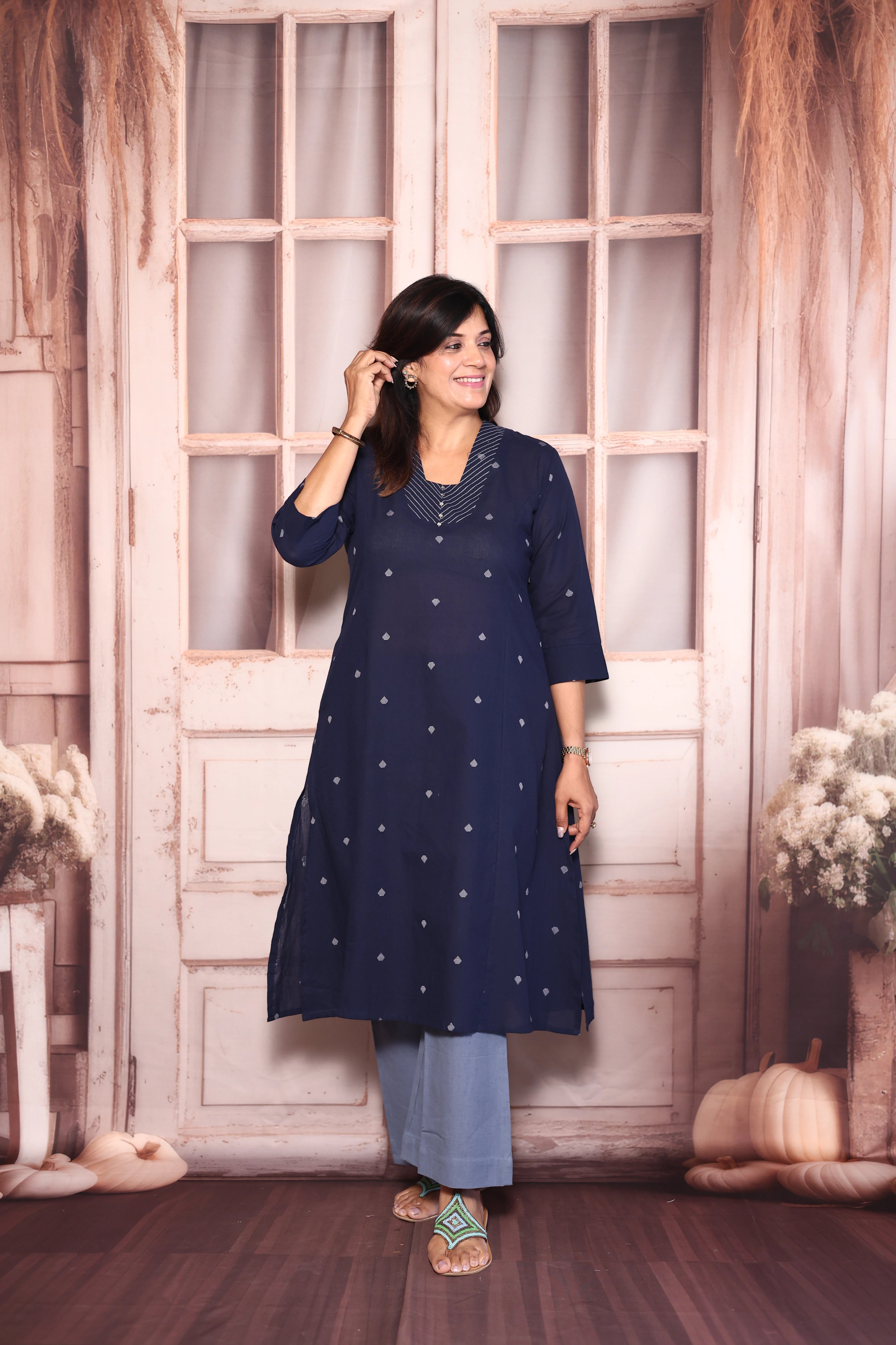 Navy Blue Ikat Print A-Line Kurti Palazzo Set | Cotton Ethnic Elegance