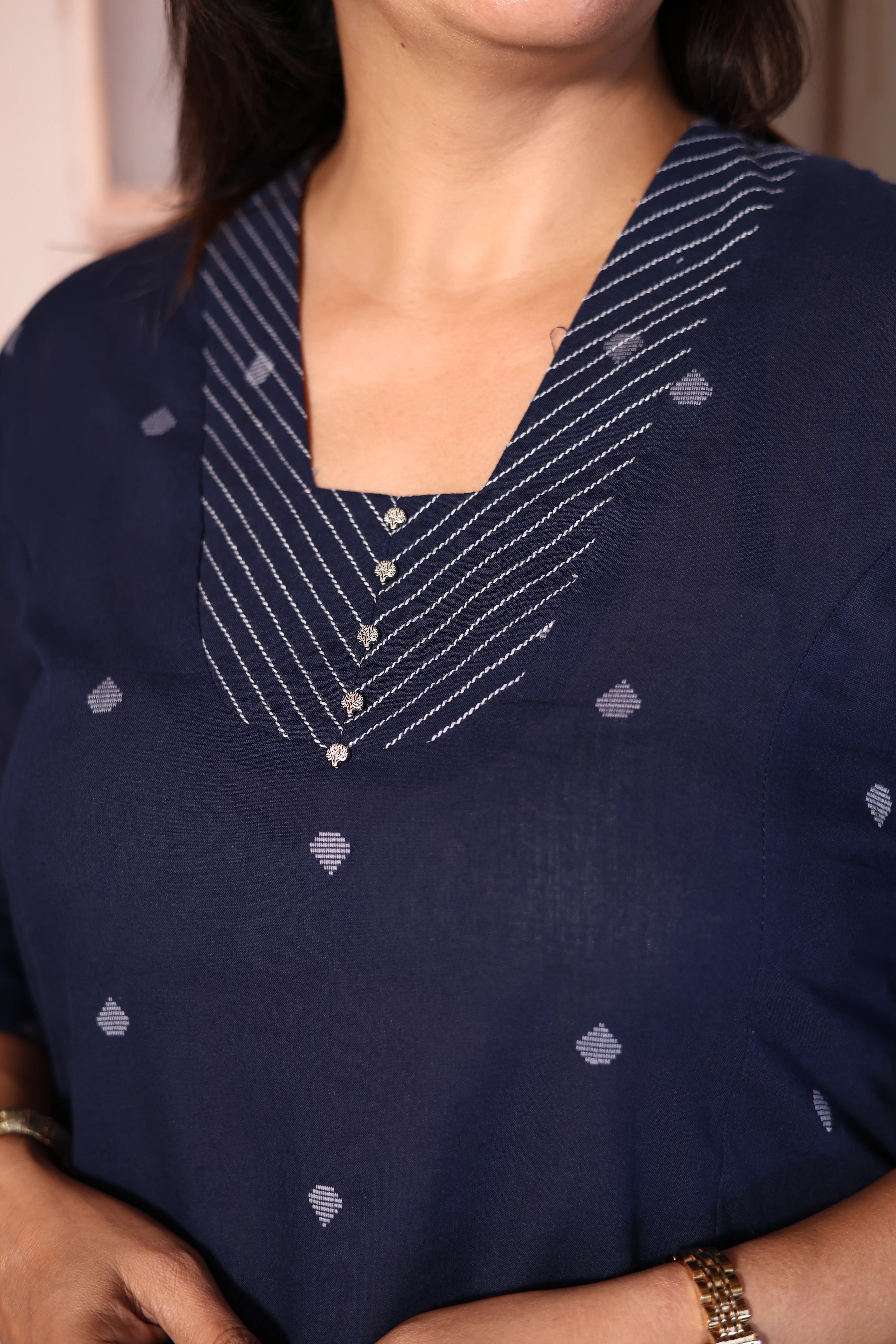 Navy Blue Ikat Print A-Line Kurti Palazzo Set | Cotton Ethnic Elegance