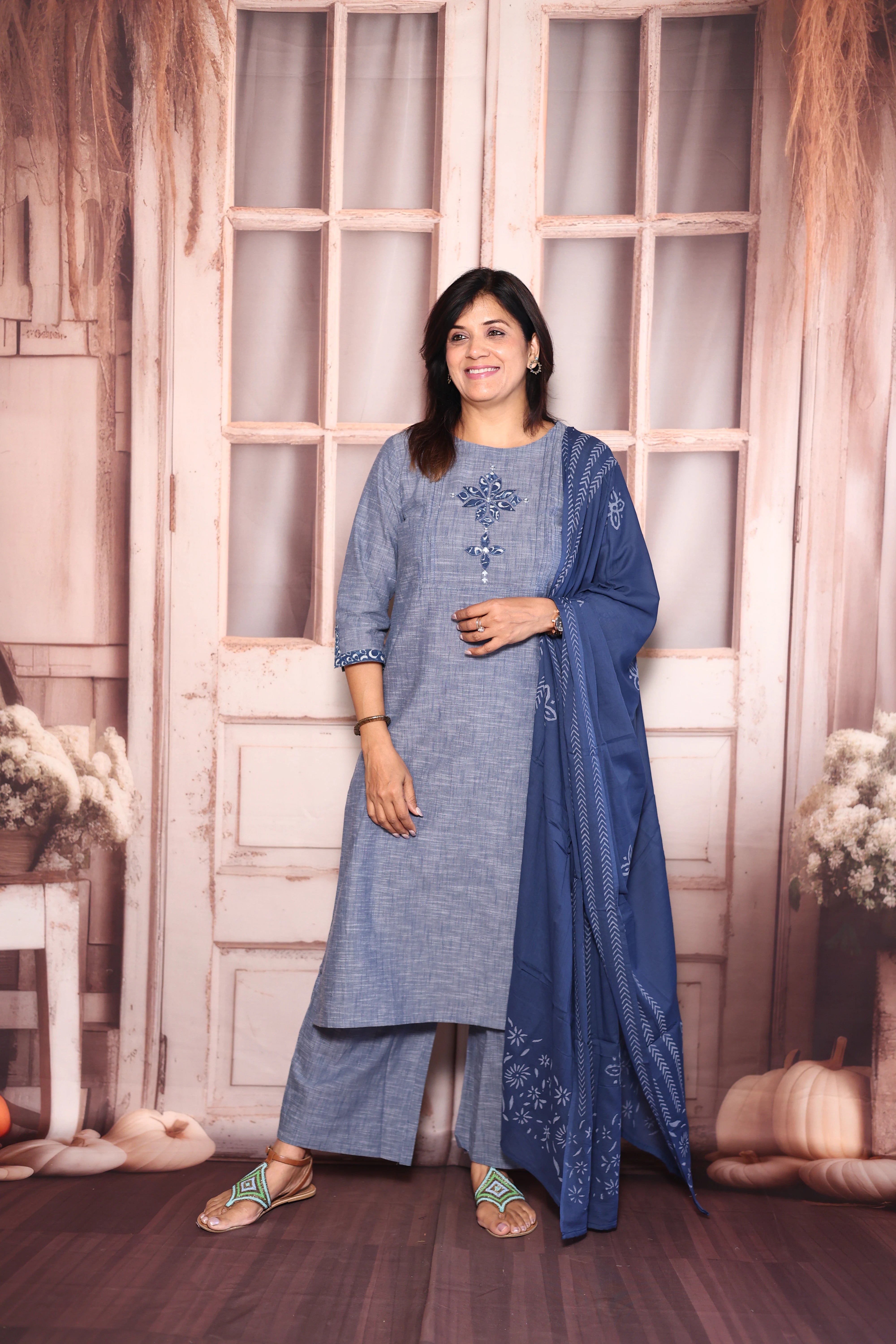 Blue Appliqué Work Kurti Palazzo with Dupatta Set | Cotton Ethnic Elegance