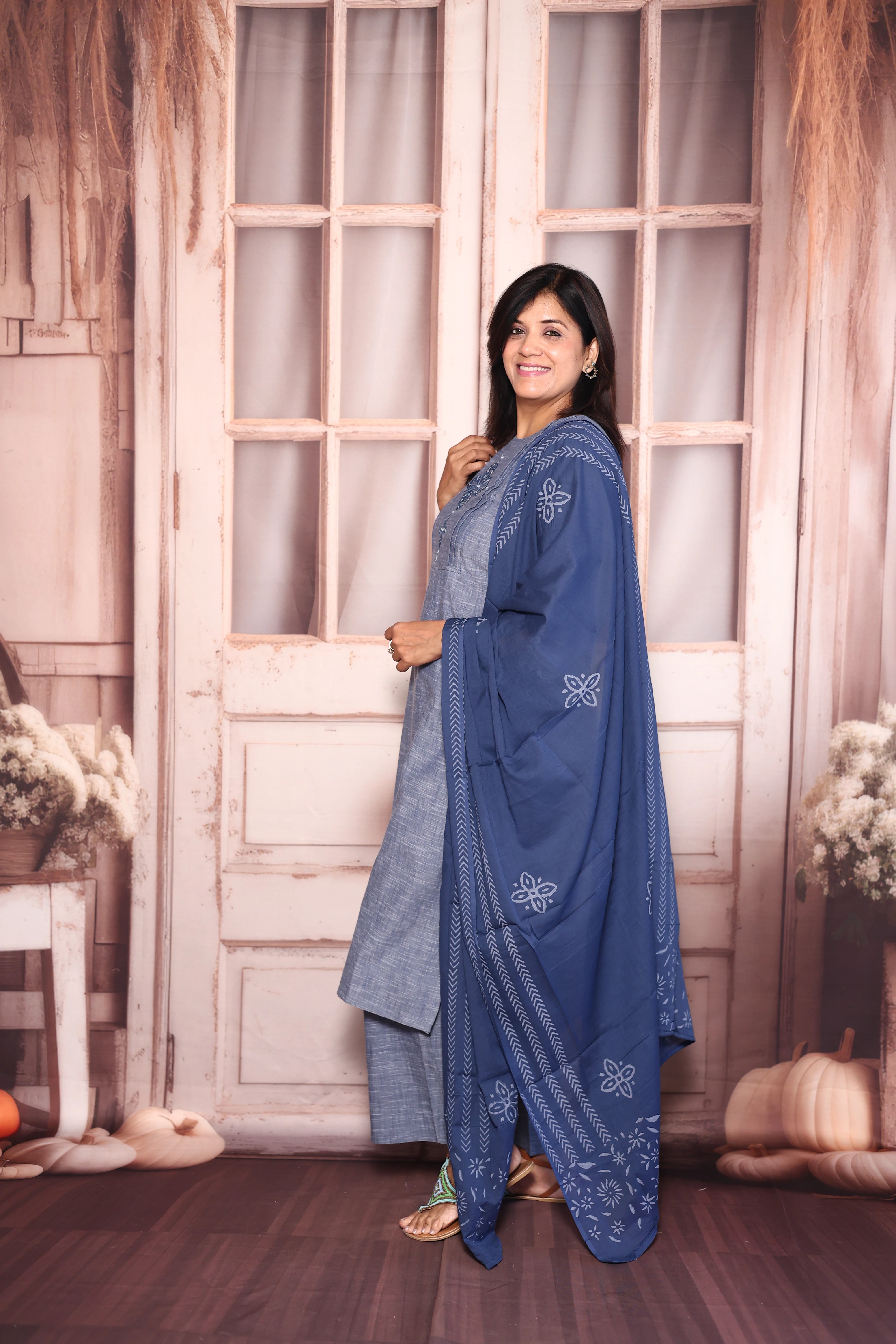 Blue Appliqué Work Kurti Palazzo with Dupatta Set | Cotton Ethnic Elegance