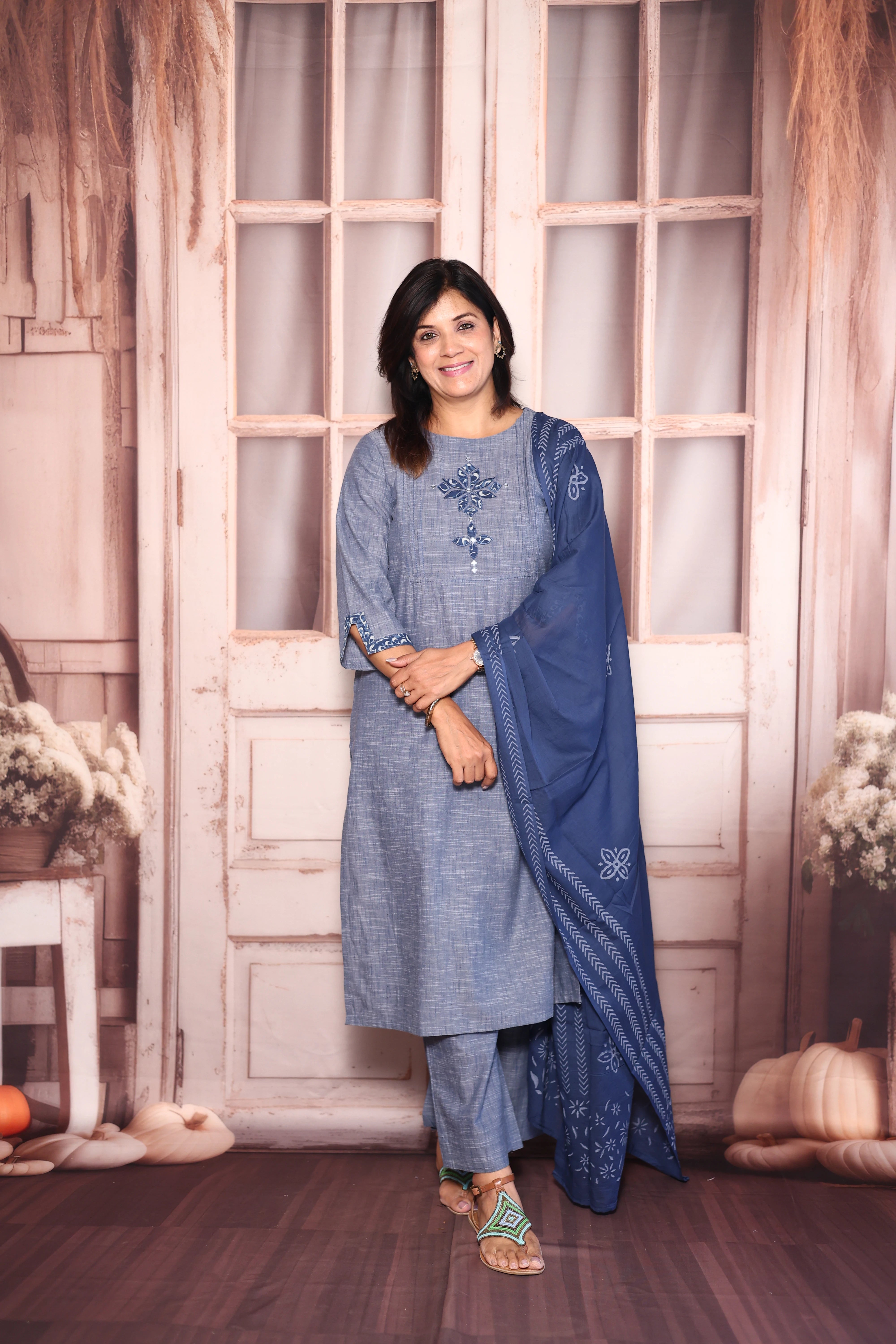 Blue Appliqué Work Kurti Palazzo with Dupatta Set | Cotton Ethnic Elegance