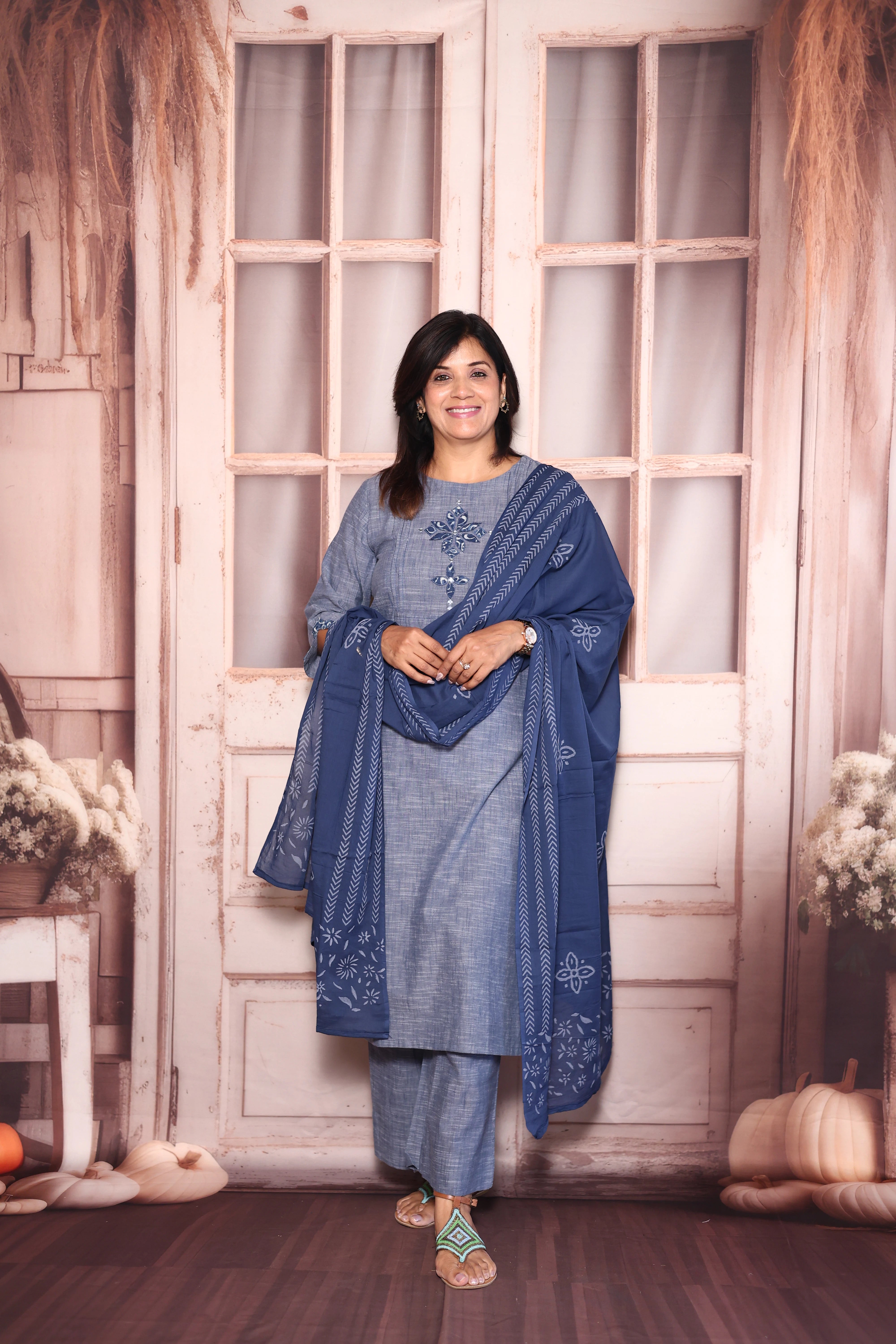 Blue Appliqué Work Kurti Palazzo with Dupatta Set | Cotton Ethnic Elegance
