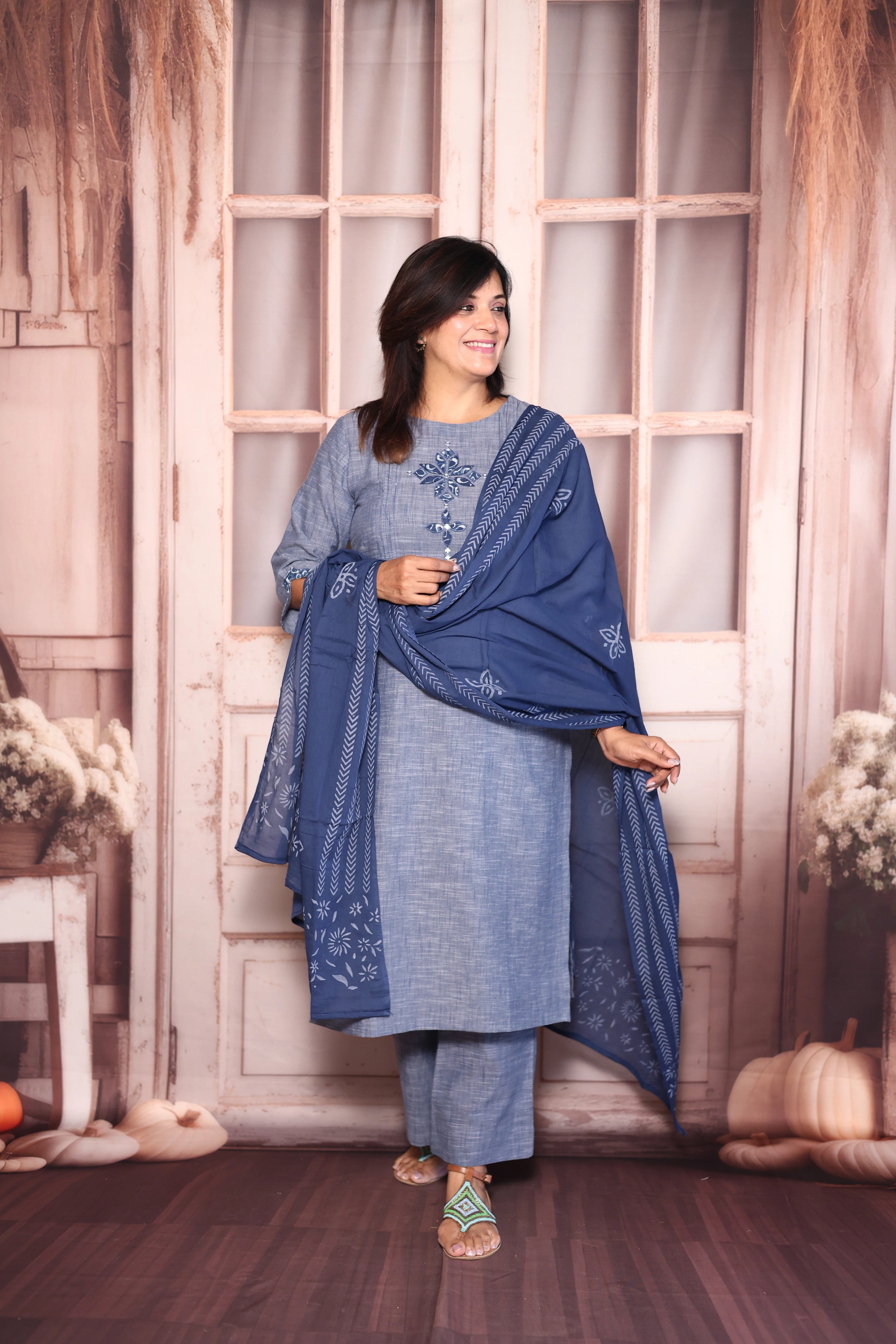 Blue Appliqué Work Kurti Palazzo with Dupatta Set | Cotton Ethnic Elegance
