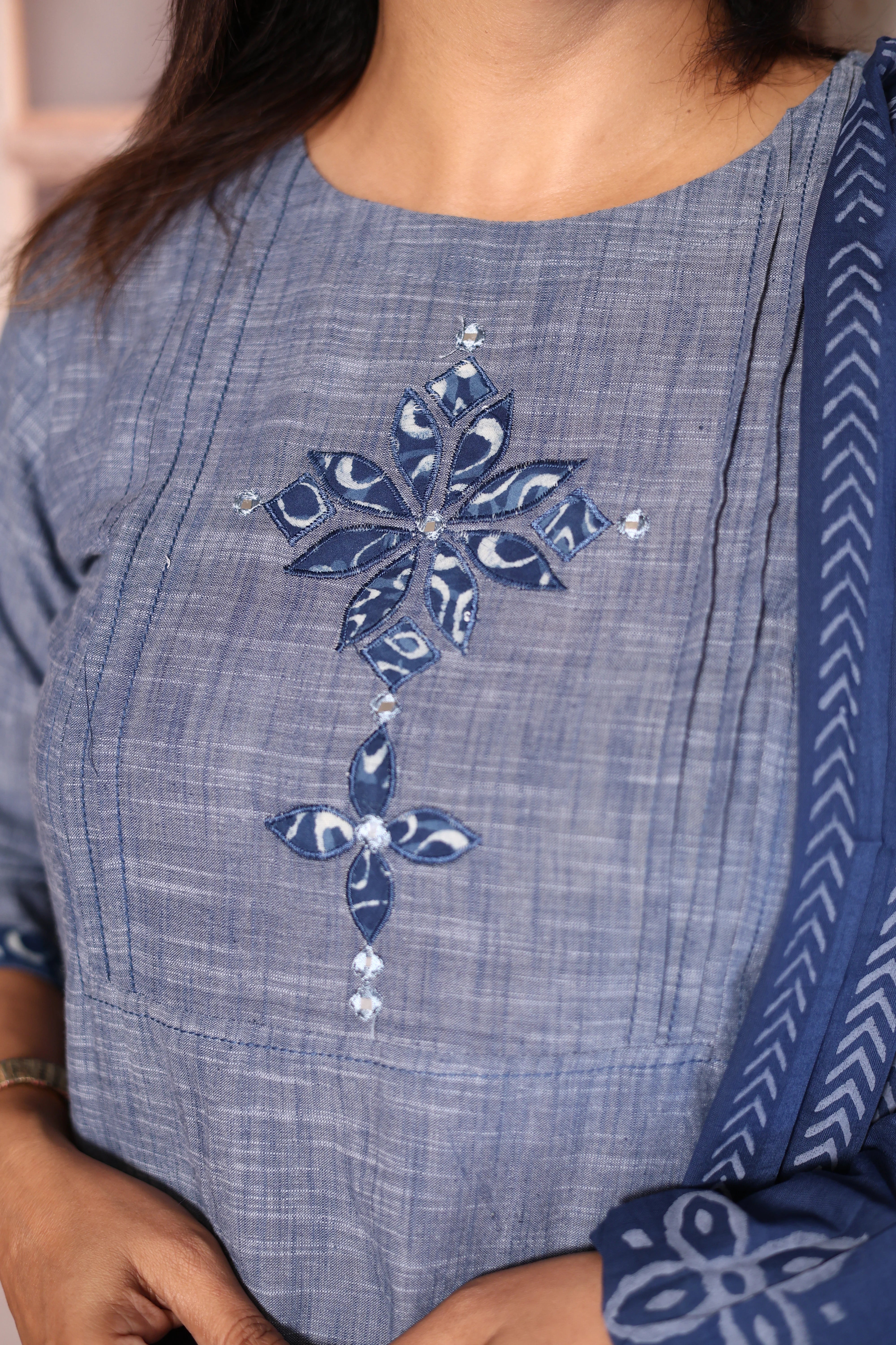 Blue Appliqué Work Kurti Palazzo with Dupatta Set | Cotton Ethnic Elegance
