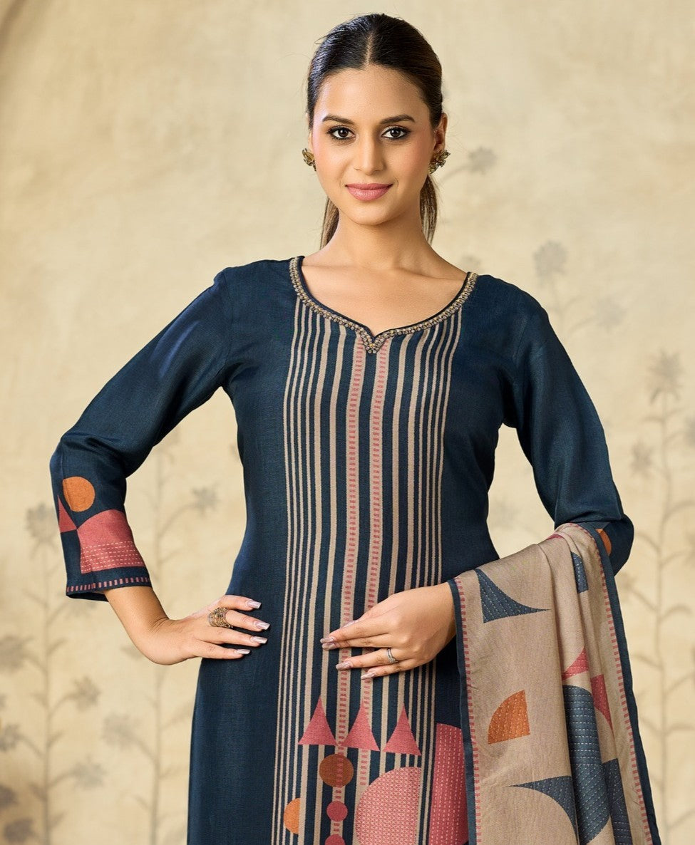 Navy Blue – Digital Print Kurta Pant Dupatta Set  ( Plus Size )