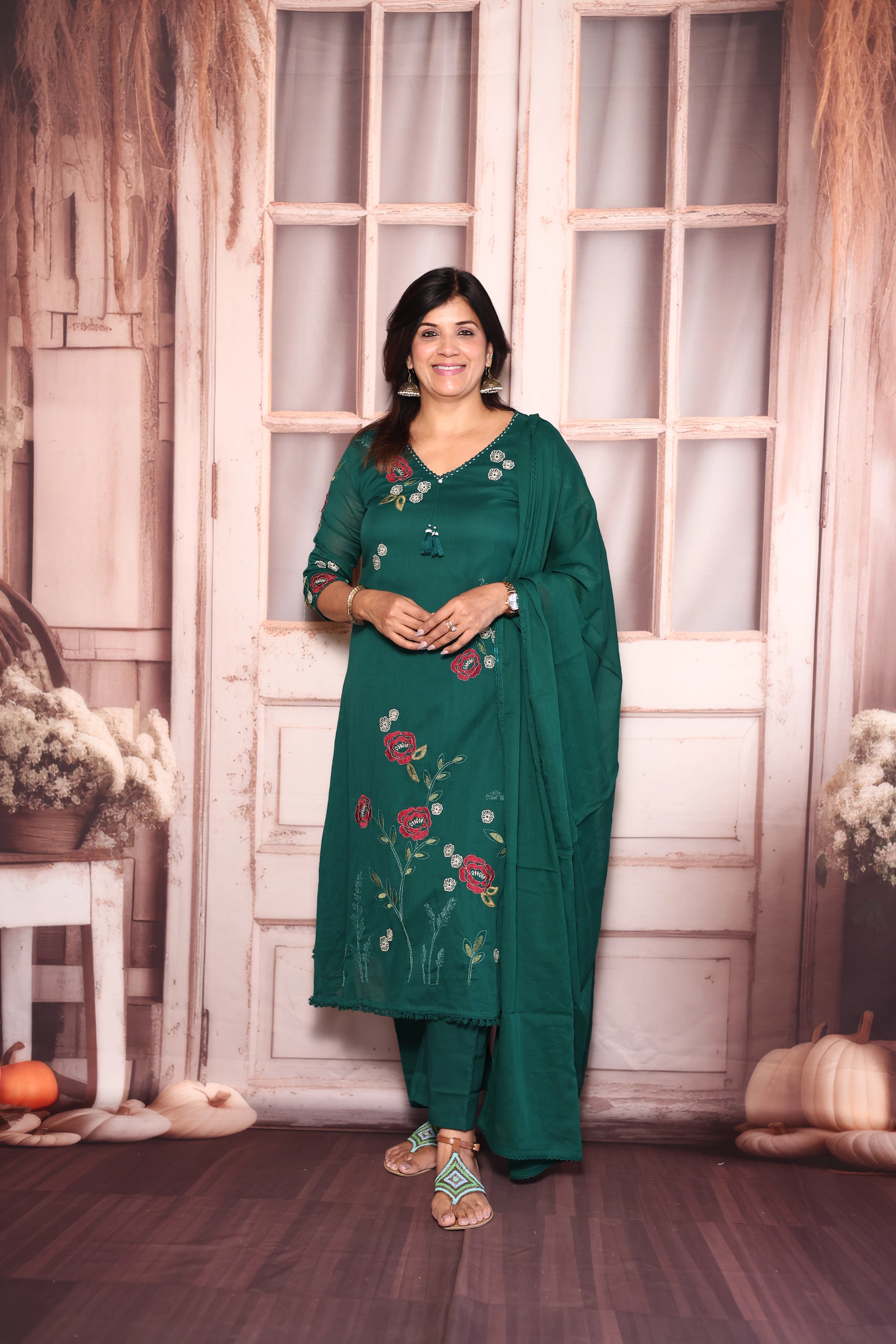 Castleton Green Floral Embroidered A-Line Kurti Dupatta Set | Pure Mul Mul Ethnic Elegance