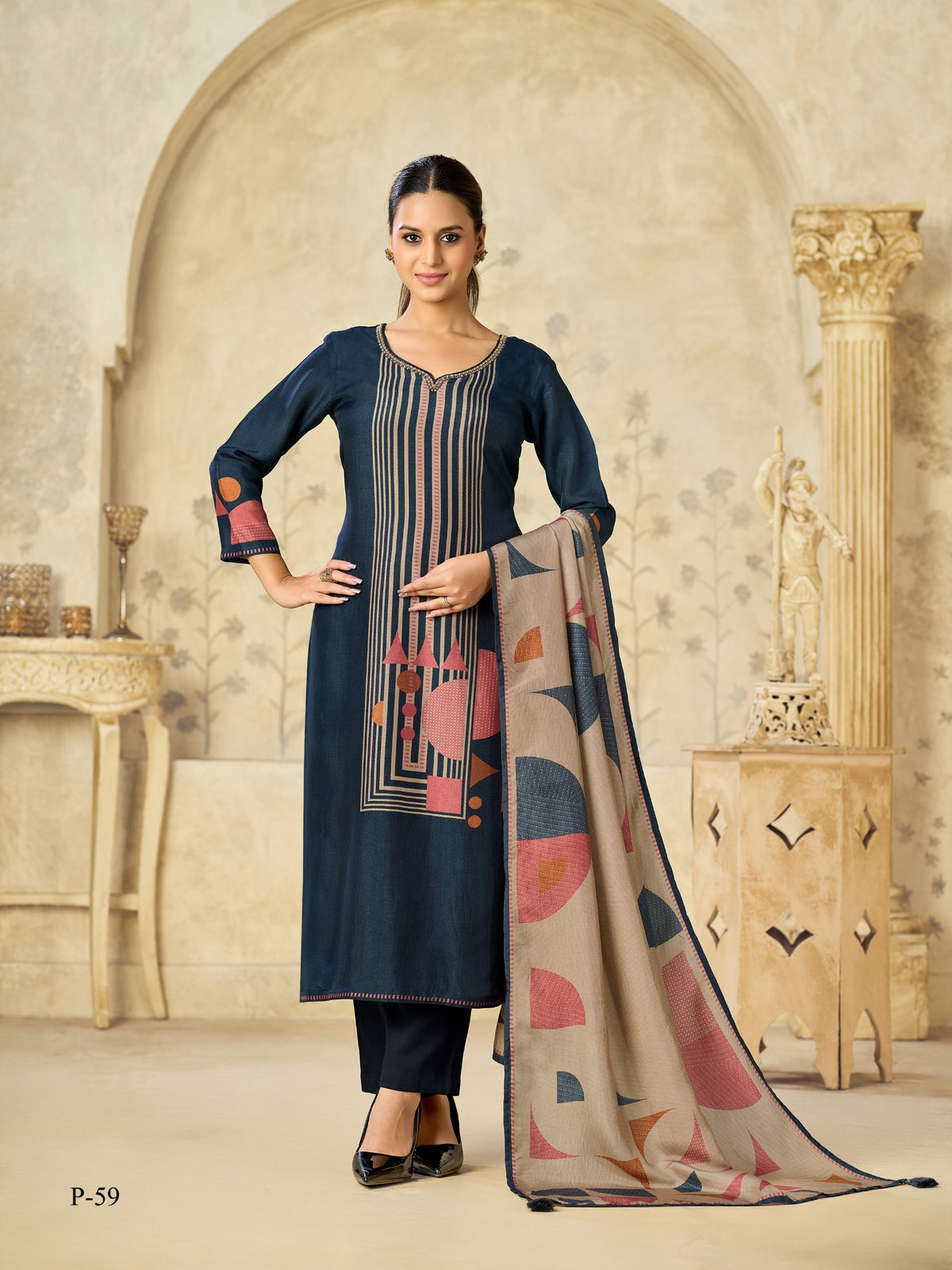 Navy Blue – Digital Print Kurta Pant Dupatta Set  ( Plus Size )