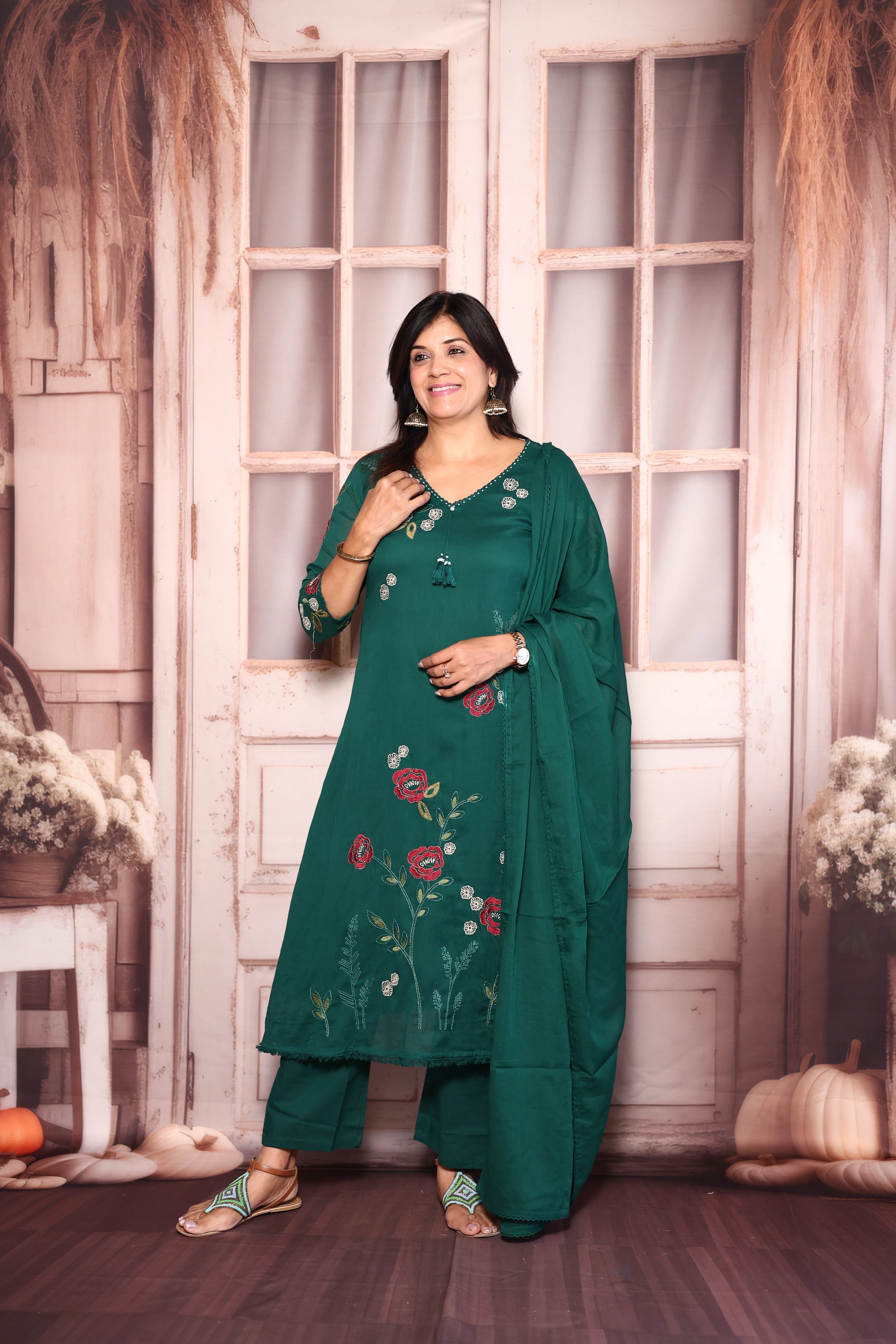 Castleton Green Floral Embroidered A-Line Kurti Dupatta Set | Pure Mul Mul Ethnic Elegance