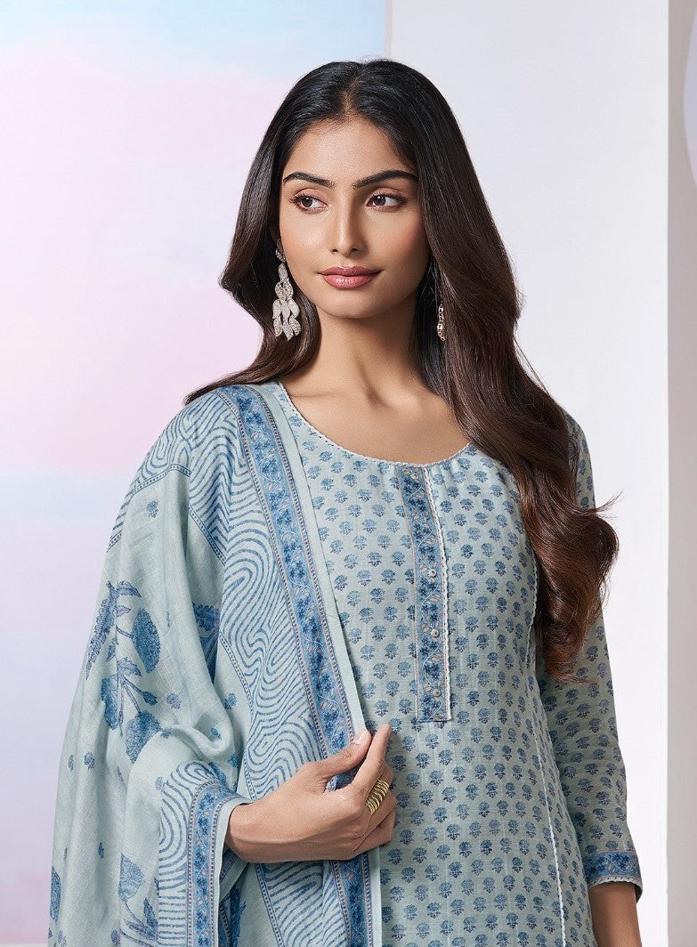 Light Blue – Jaipuri Print Kurta Pant Dupatta Set