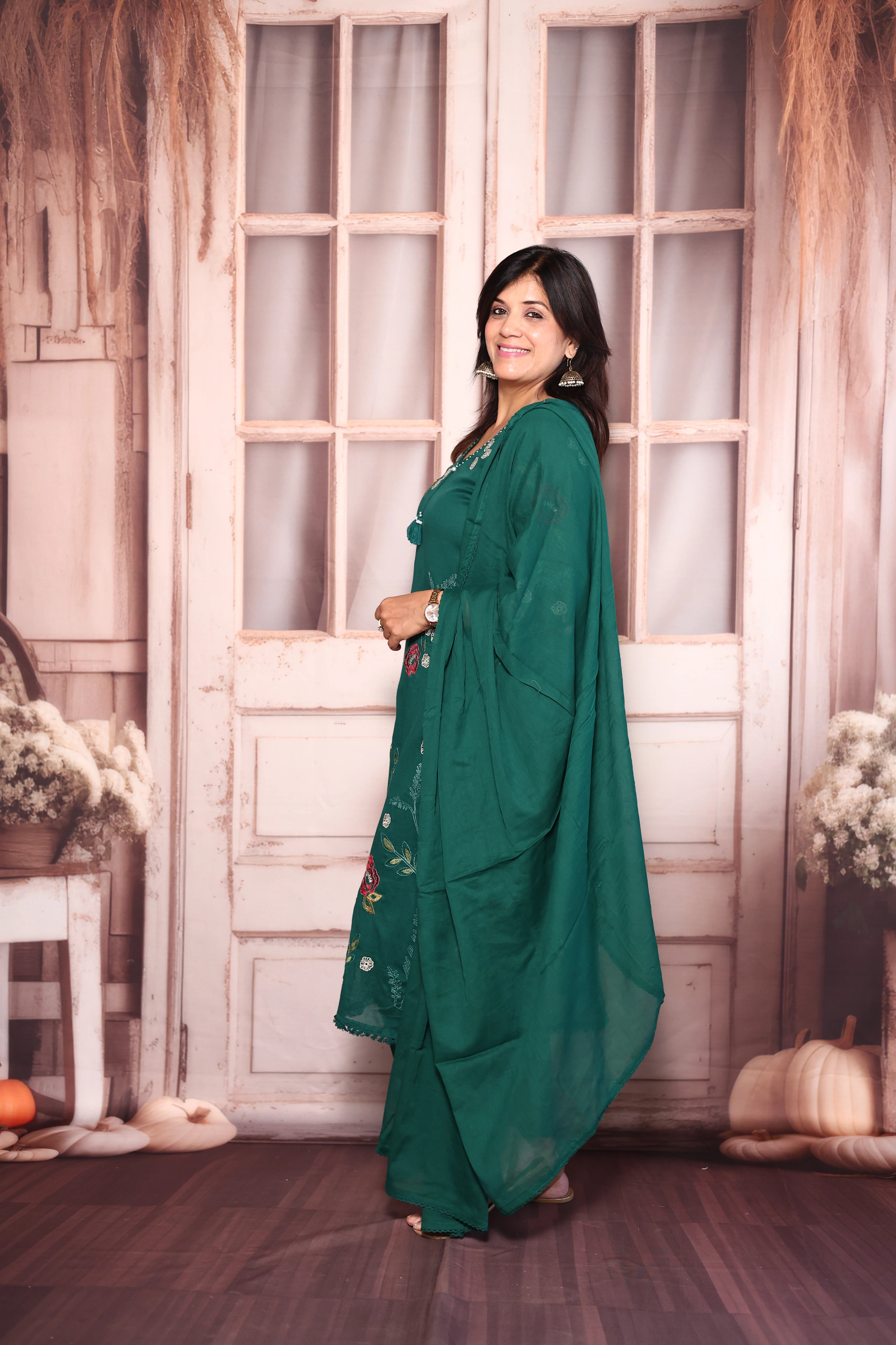 Castleton Green Floral Embroidered A-Line Kurti Dupatta Set | Pure Mul Mul Ethnic Elegance