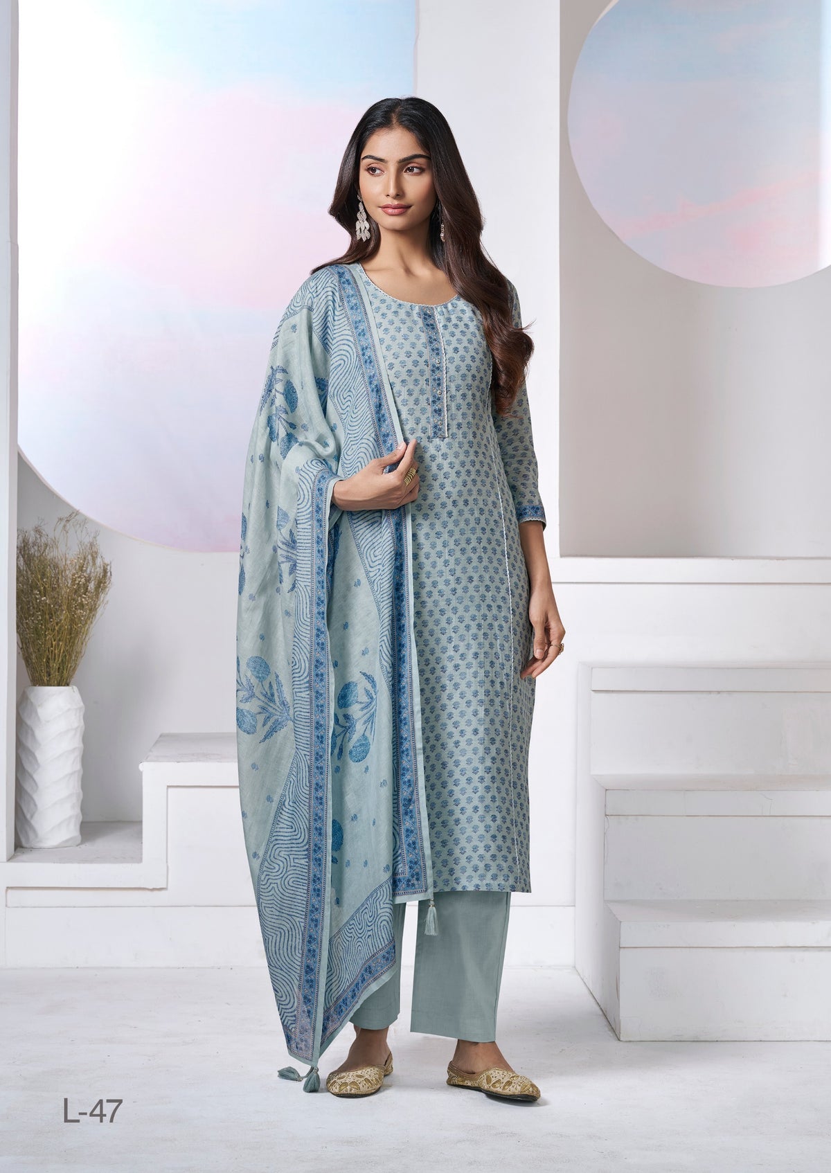 Light Blue – Jaipuri Print Kurta Pant Dupatta Set