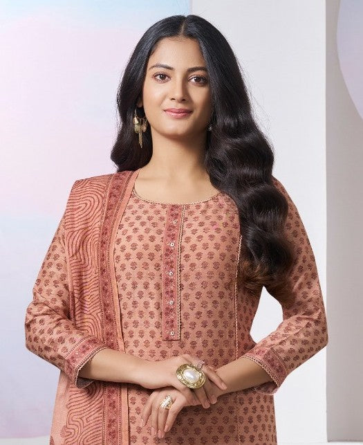 Peach – Jaipuri Print Kurta Pant Dupatta Set ( Plus Size )