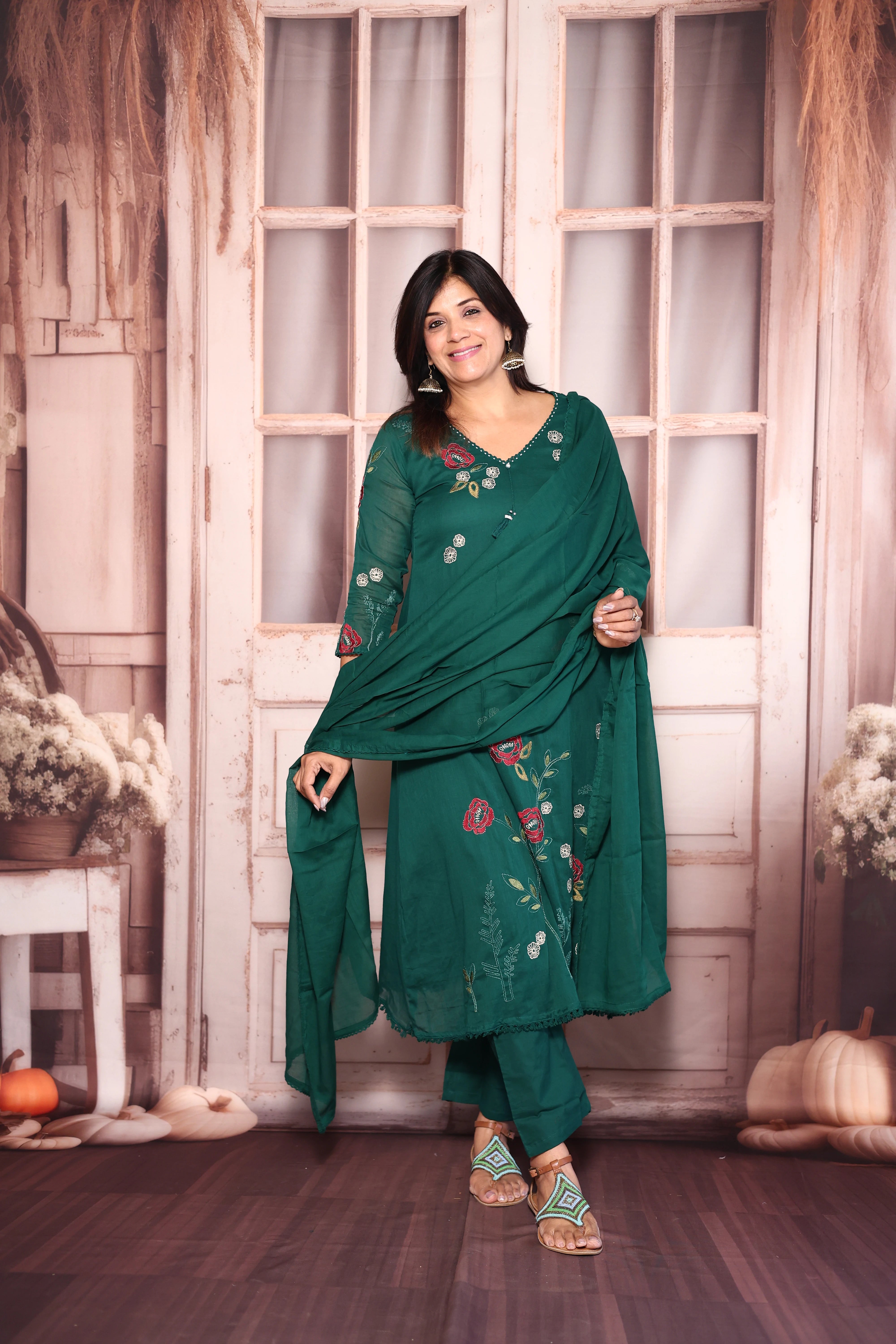 Castleton Green Floral Embroidered A-Line Kurti Dupatta Set | Pure Mul Mul Ethnic Elegance