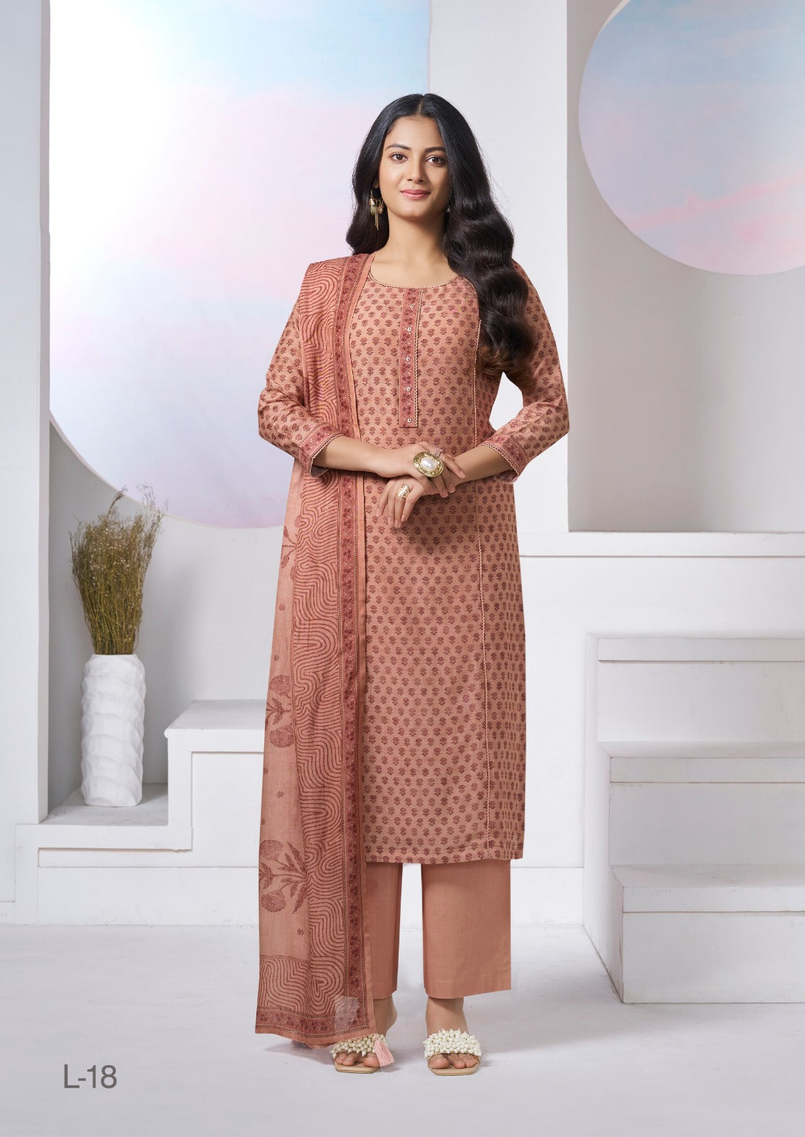 Peach – Jaipuri Print Kurta Pant Dupatta Set ( Plus Size )