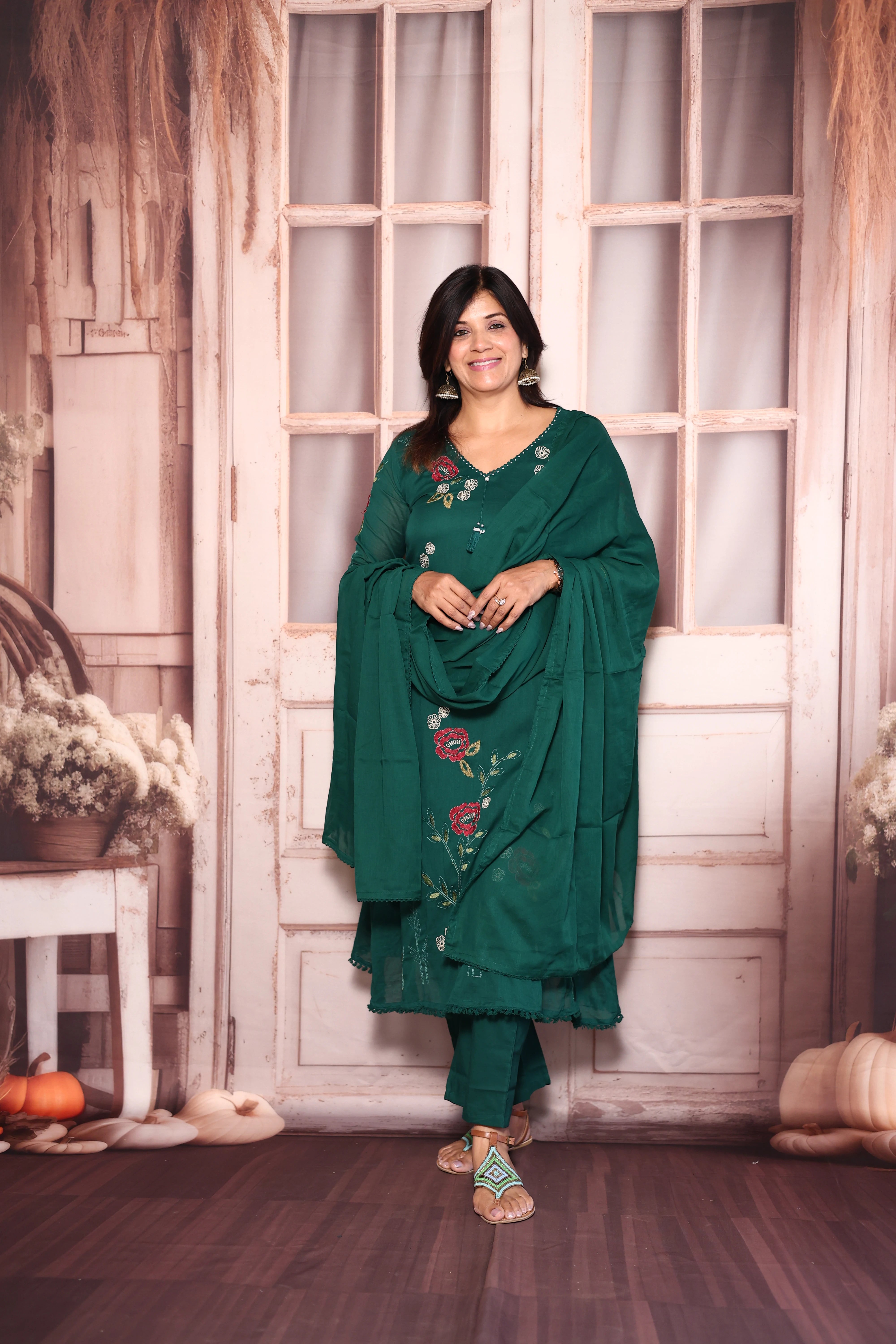Castleton Green Floral Embroidered A-Line Kurti Dupatta Set | Pure Mul Mul Ethnic Elegance