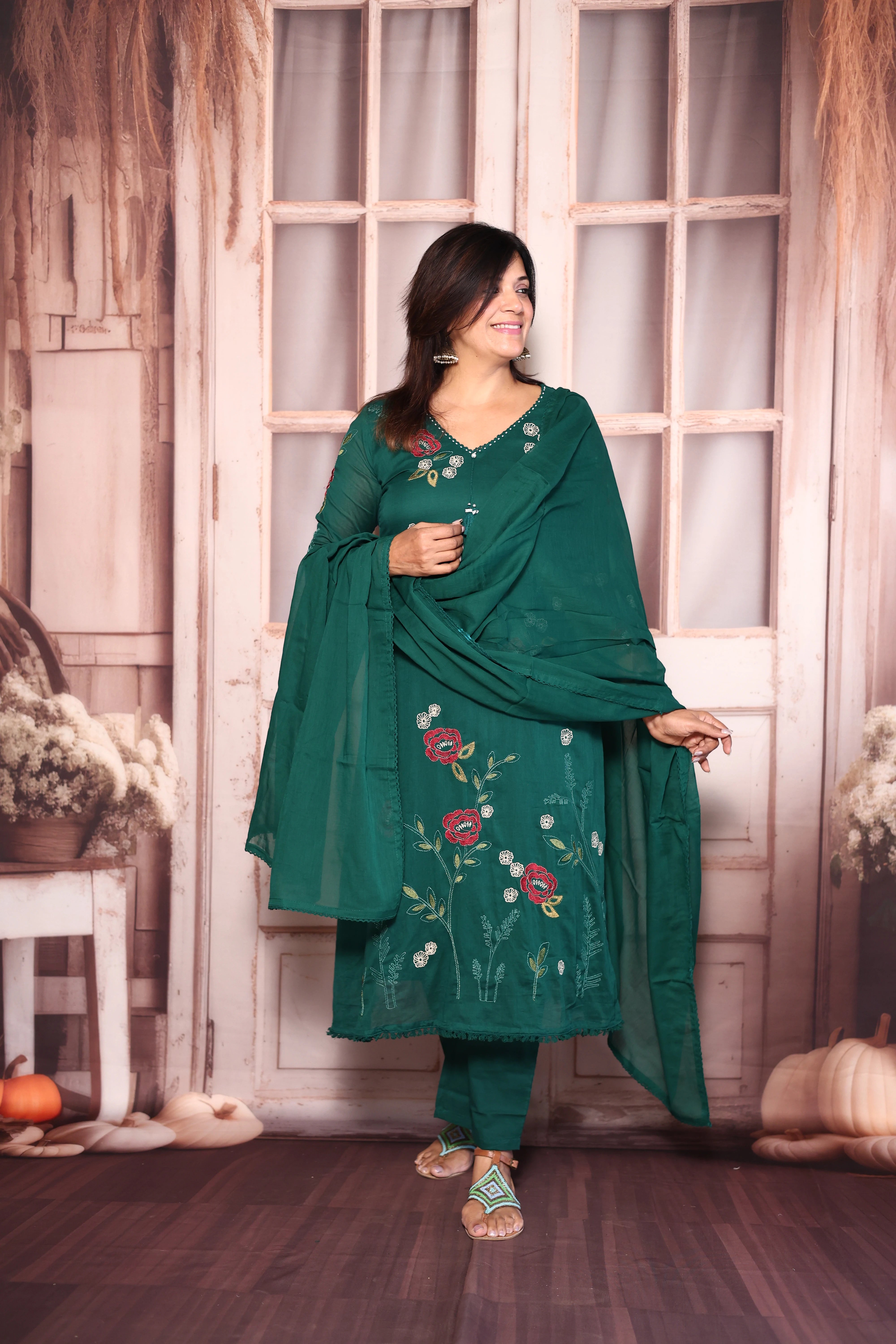 Castleton Green Floral Embroidered A-Line Kurti Dupatta Set | Pure Mul Mul Ethnic Elegance