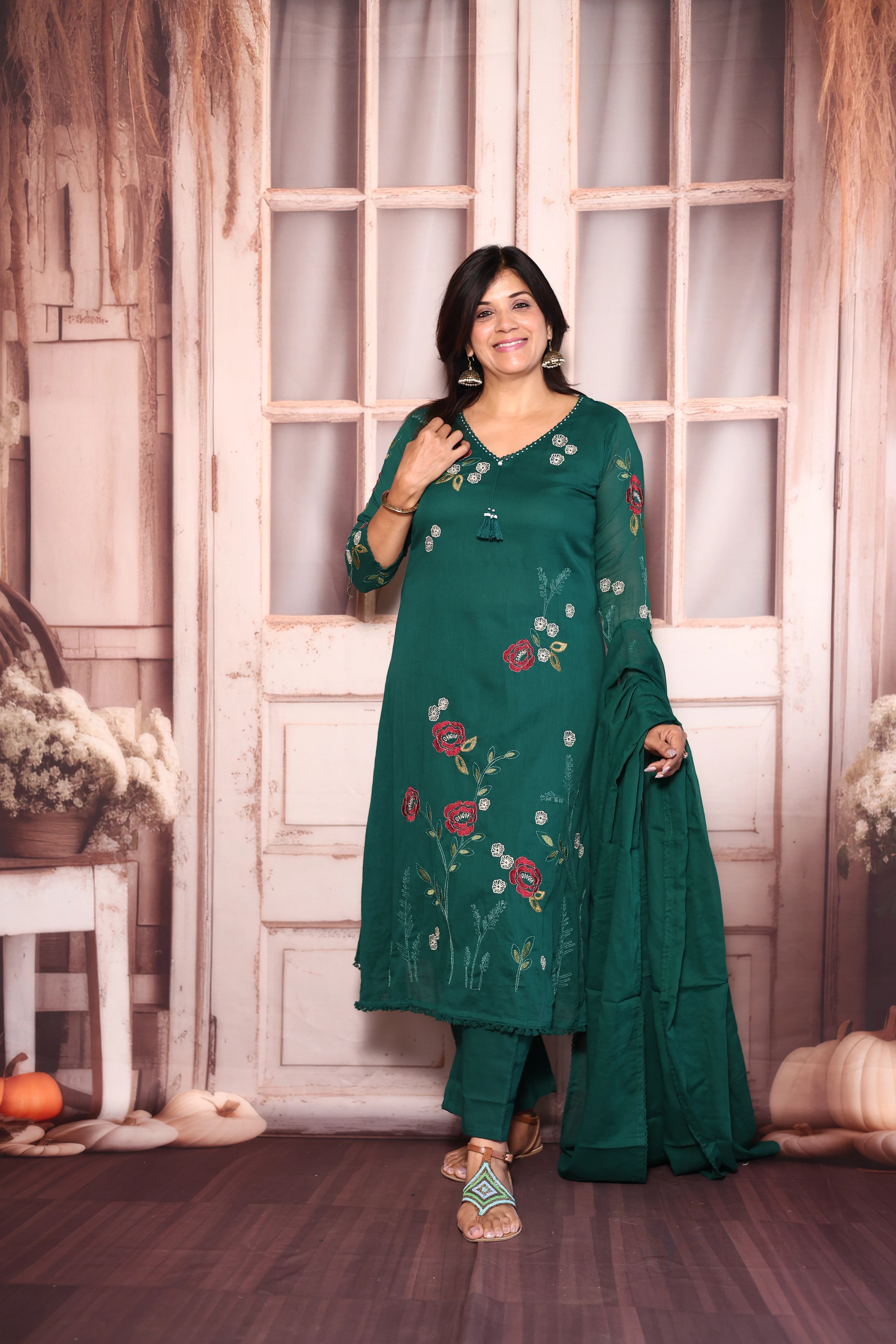 Castleton Green Floral Embroidered A-Line Kurti Dupatta Set | Pure Mul Mul Ethnic Elegance