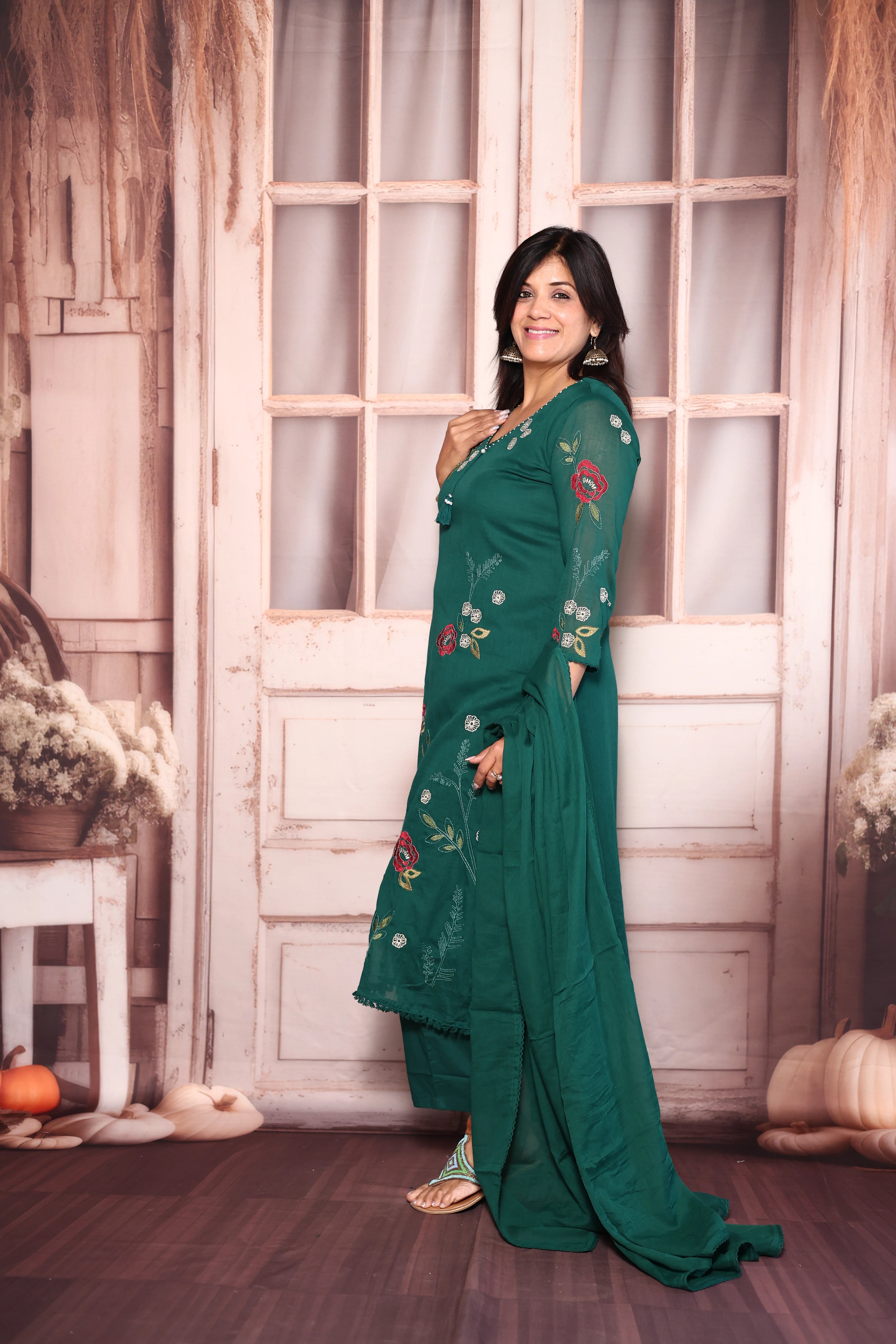 Castleton Green Floral Embroidered A-Line Kurti Dupatta Set | Pure Mul Mul Ethnic Elegance
