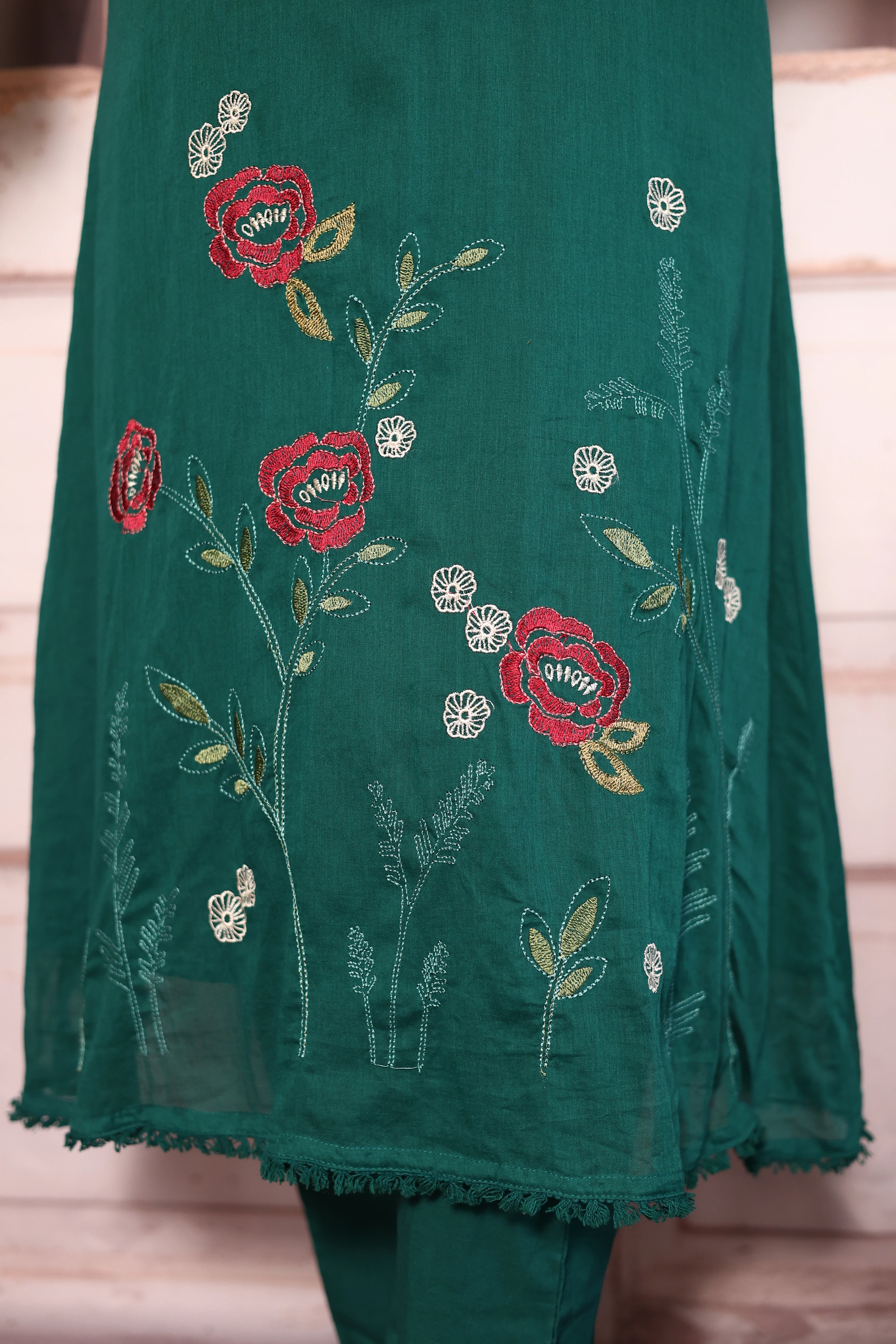 Castleton Green Floral Embroidered A-Line Kurti Dupatta Set | Pure Mul Mul Ethnic Elegance