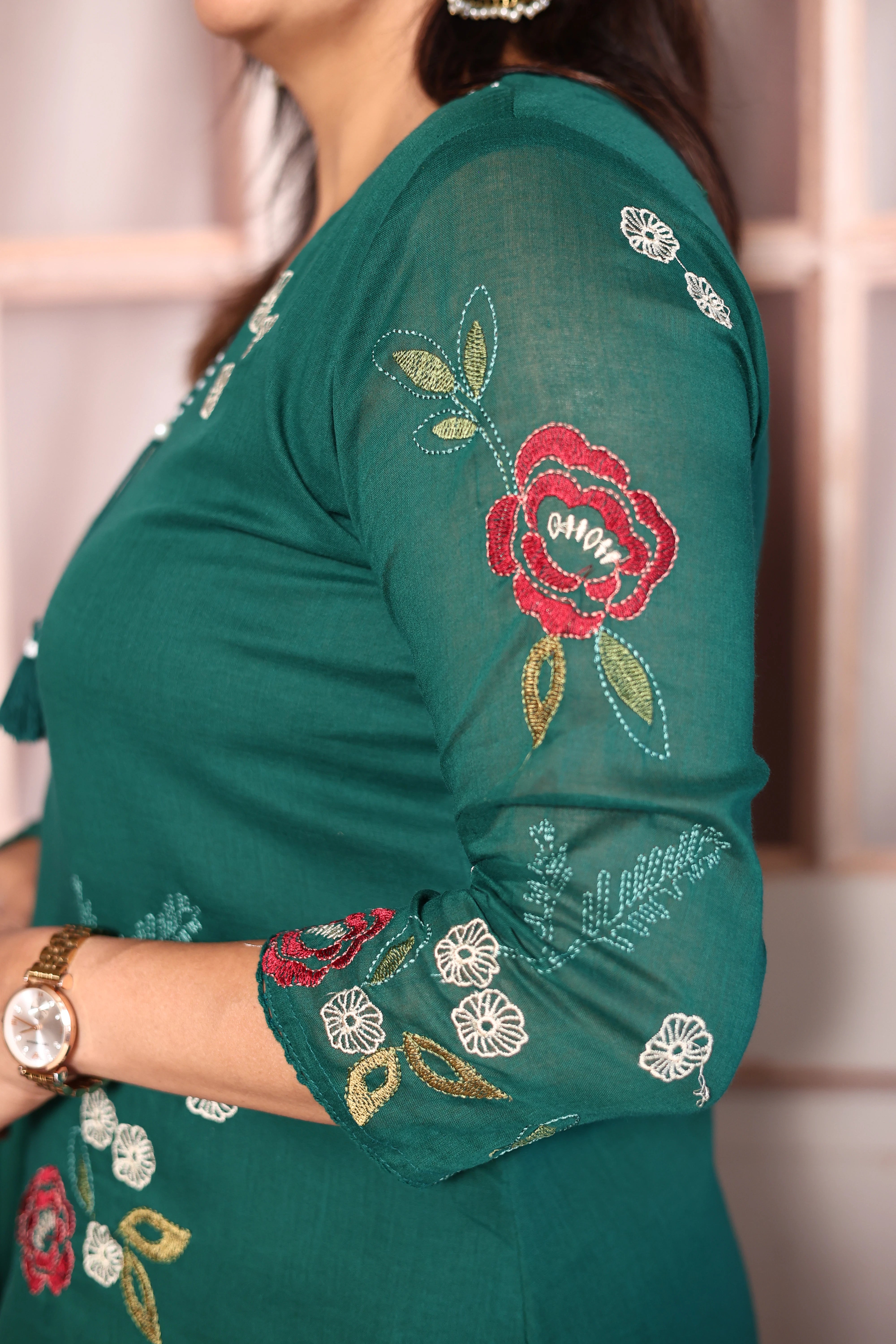 Castleton Green Floral Embroidered A-Line Kurti Dupatta Set | Pure Mul Mul Ethnic Elegance