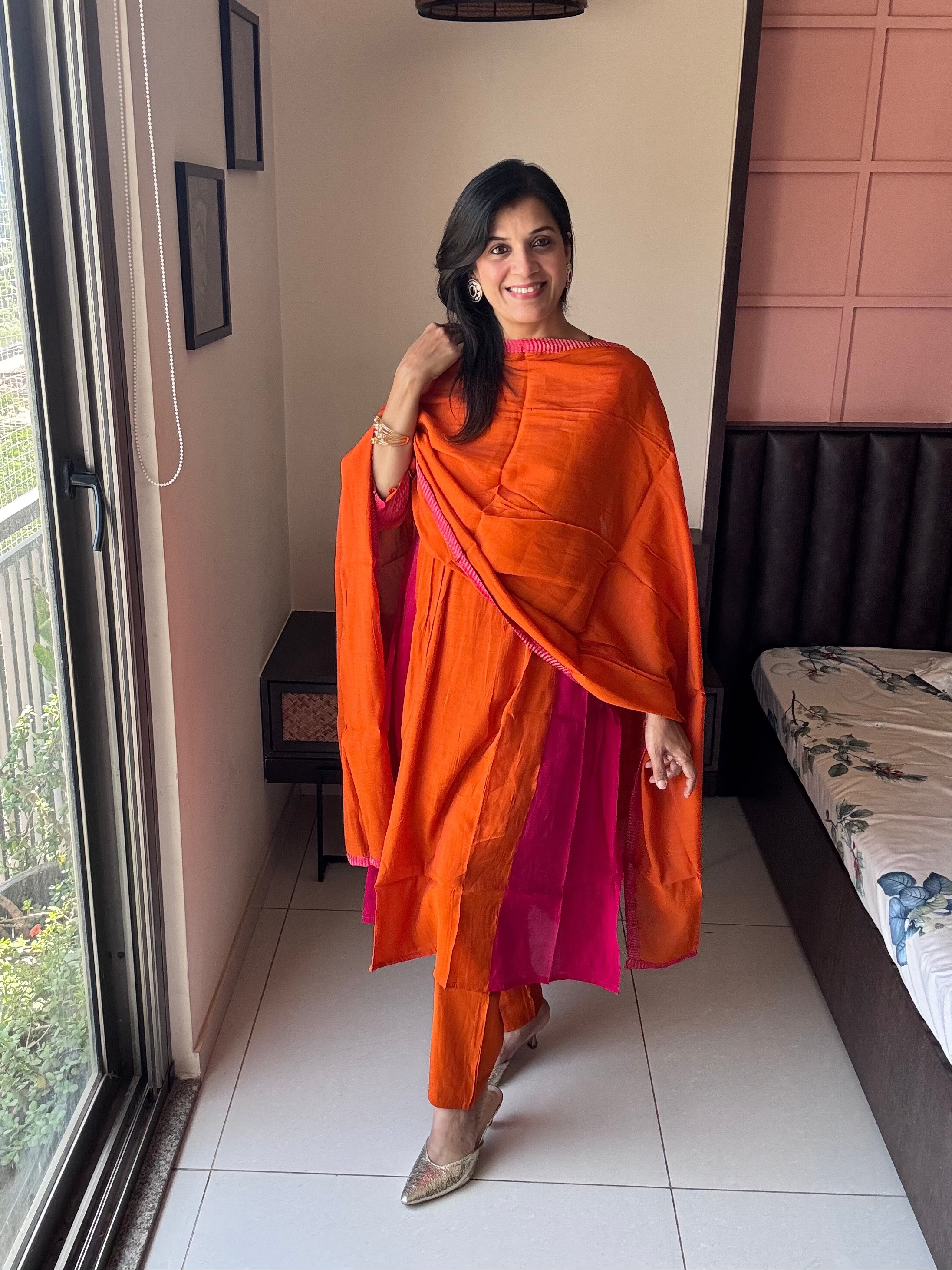 Orange & Pink A-Line Kurta Pant Dupatta Set | Coin Work | Mul Chanderi