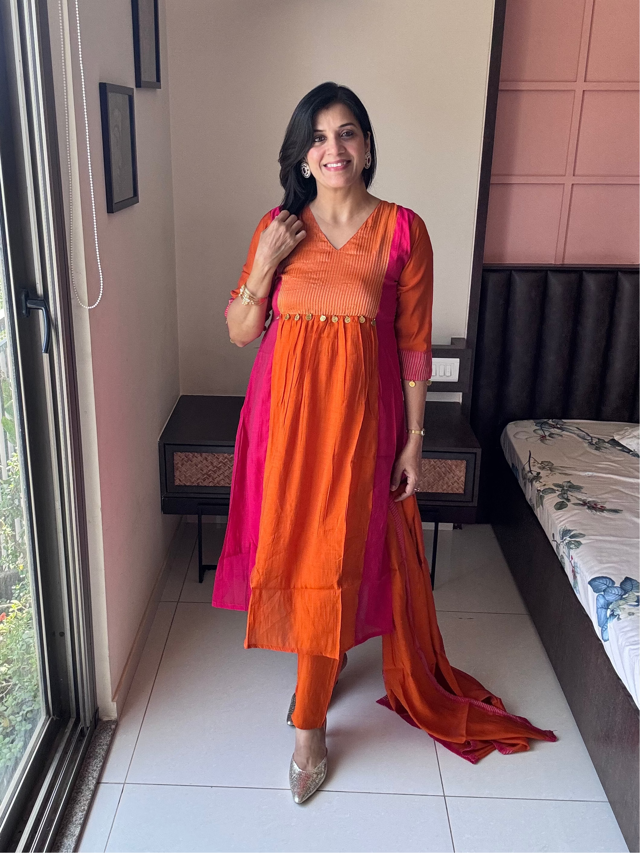 Orange & Pink A-Line Kurta Pant Dupatta Set | Coin Work | Mul Chanderi