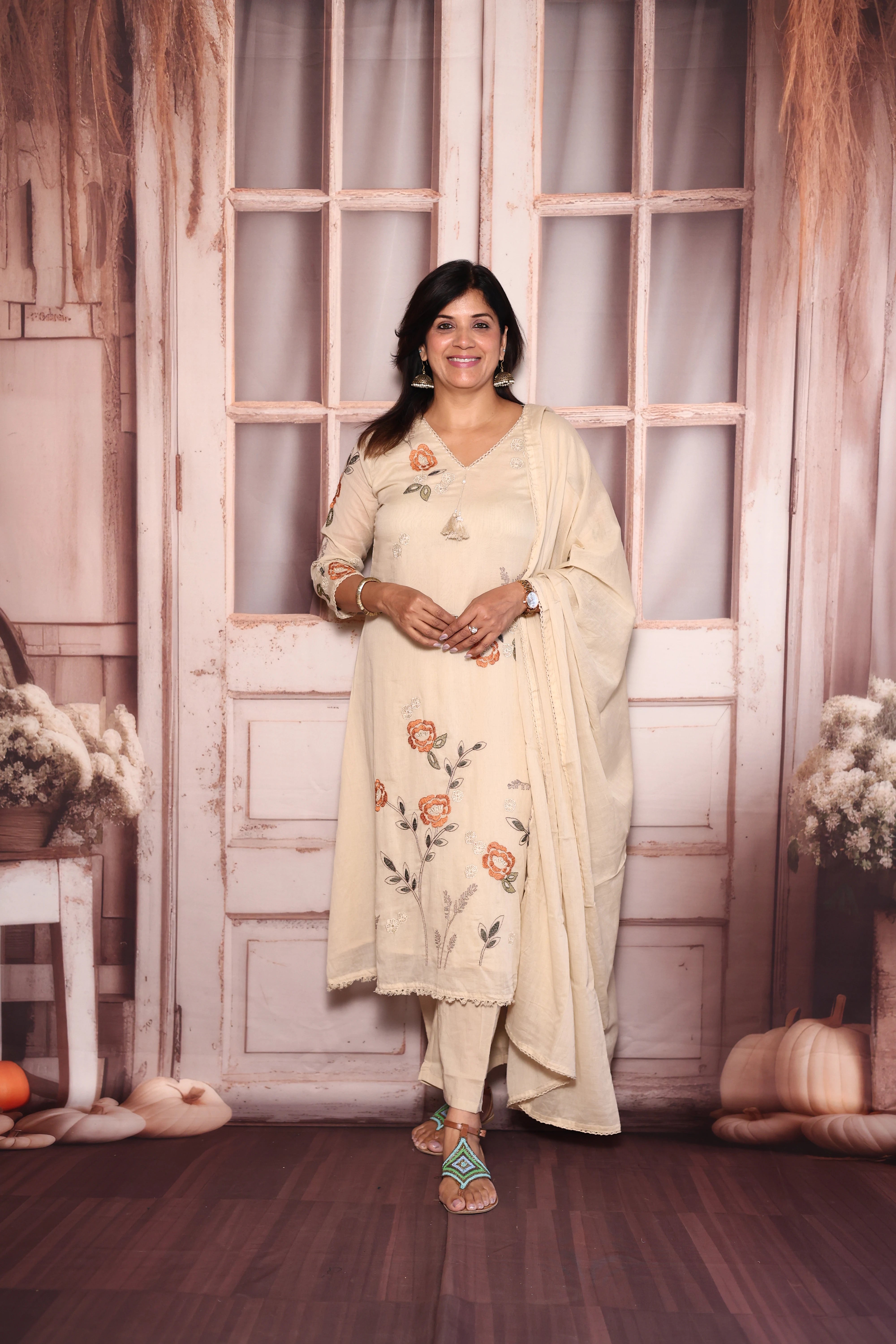 Beige Floral Embroidered A-Line Kurti Dupatta Set | Pure Mul Mul Ethnic Elegance