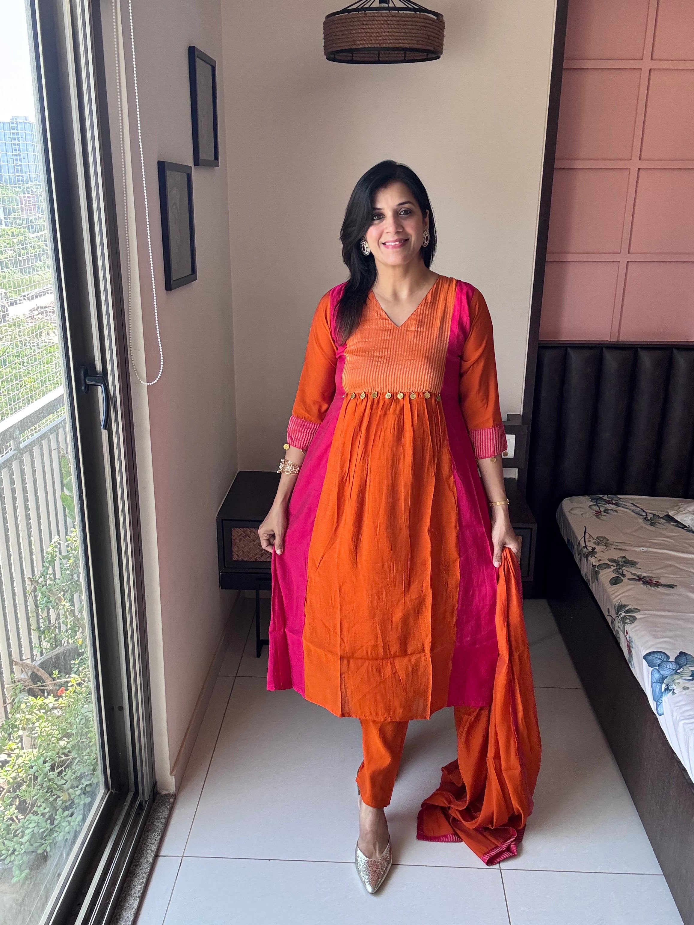 Orange & Pink A-Line Kurta Pant Dupatta Set | Coin Work | Mul Chanderi