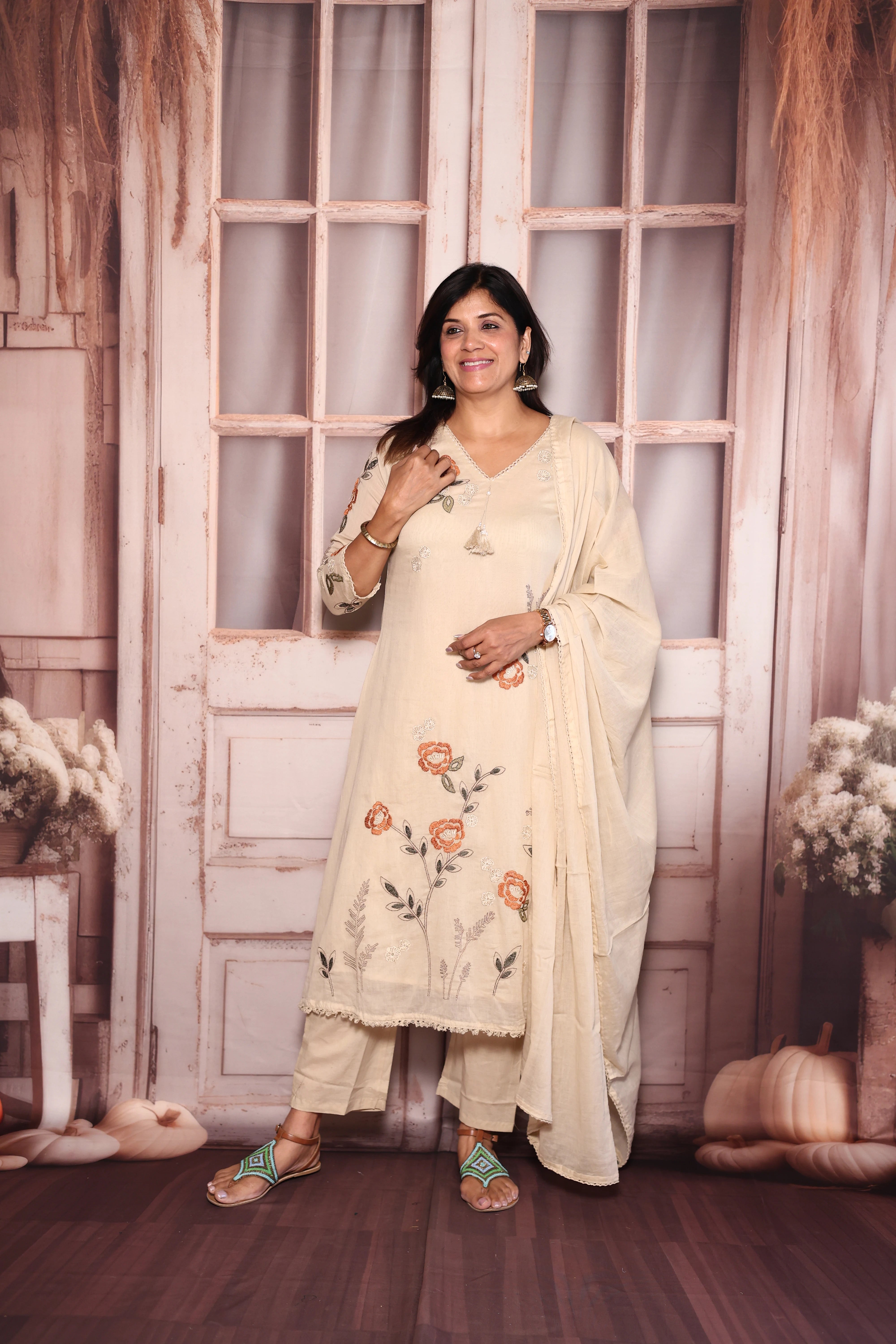 Beige Floral Embroidered A-Line Kurti Dupatta Set | Pure Mul Mul Ethnic Elegance