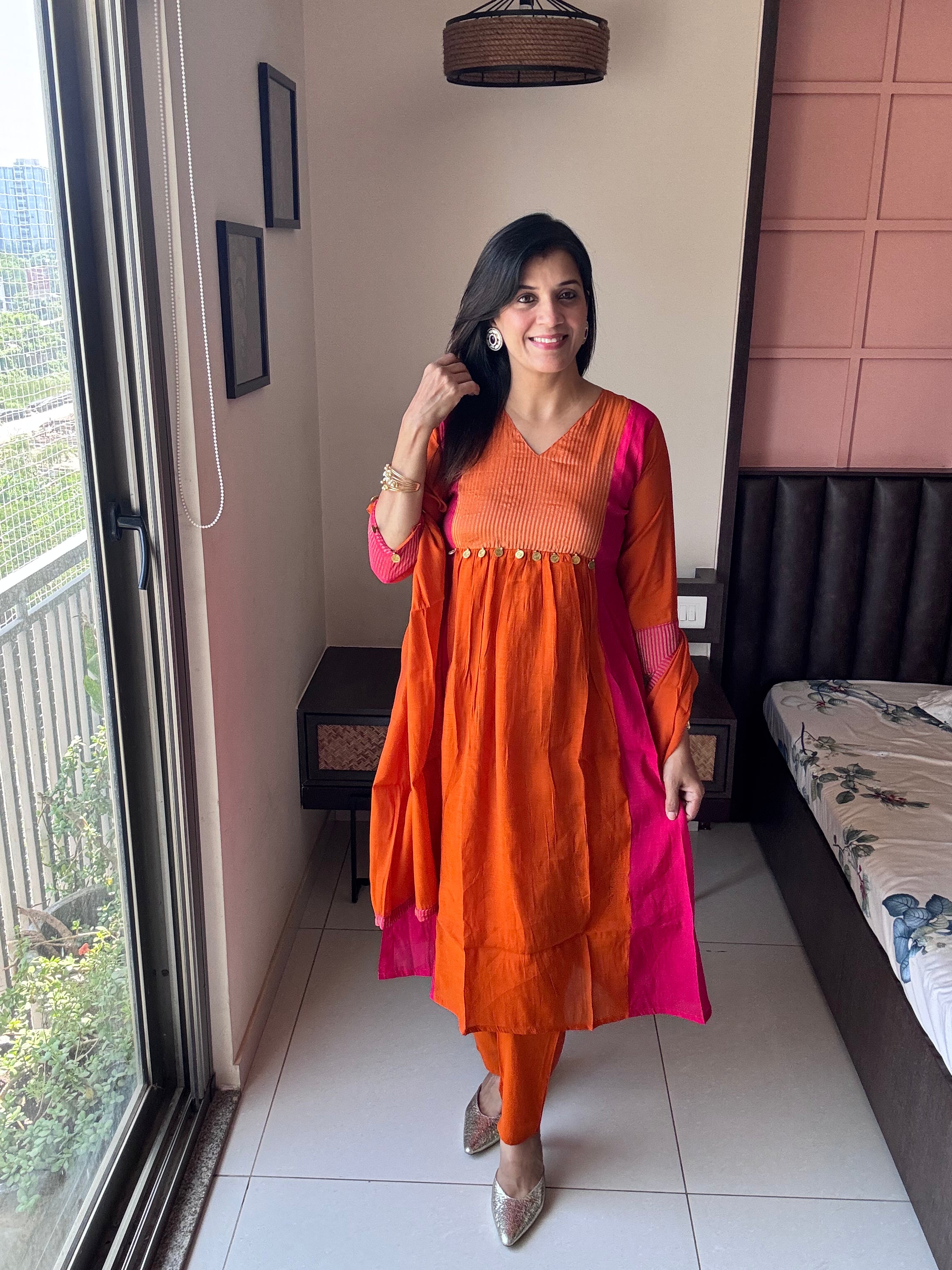Orange & Pink A-Line Kurta Pant Dupatta Set | Coin Work | Mul Chanderi