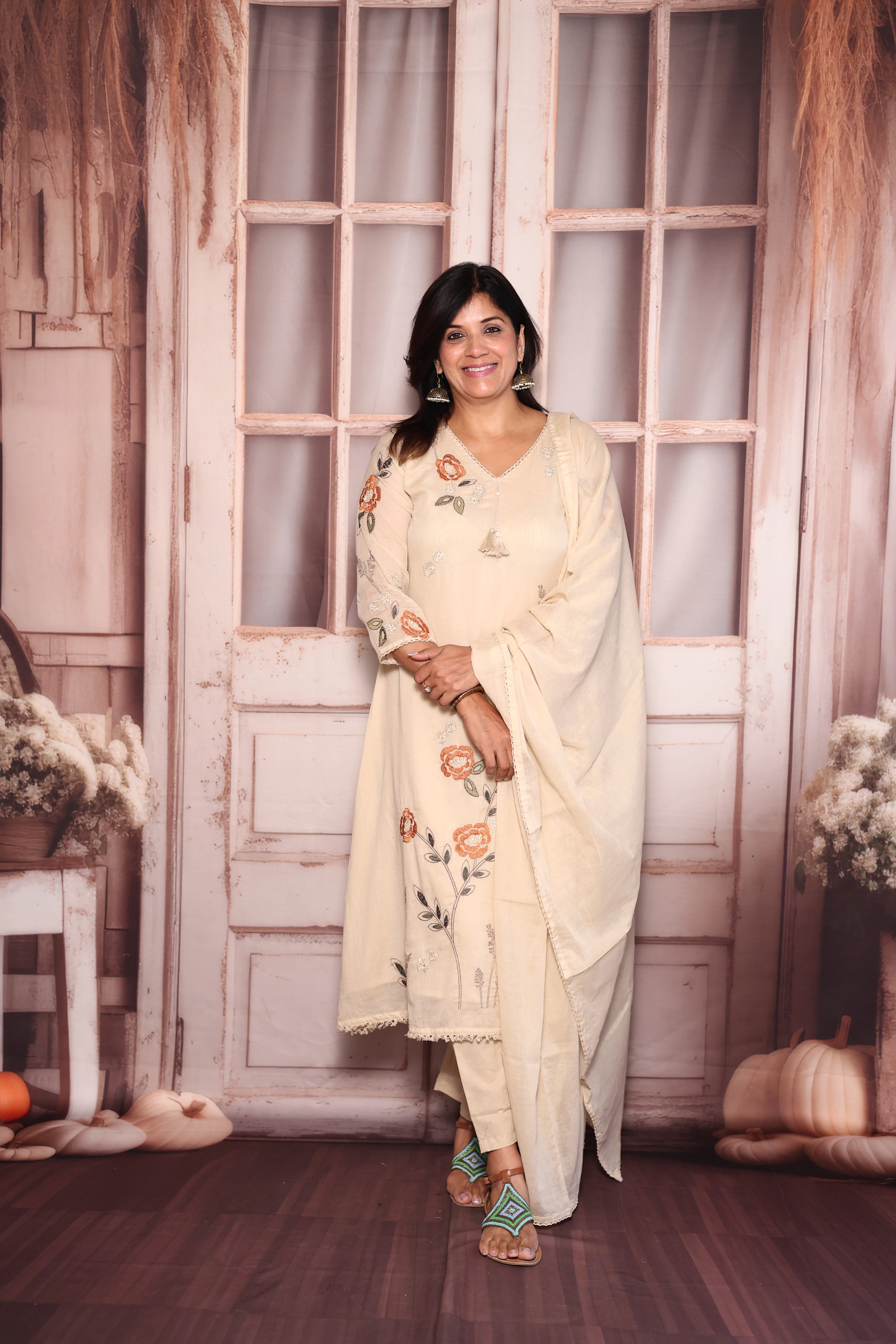 Beige Floral Embroidered A-Line Kurti Dupatta Set | Pure Mul Mul Ethnic Elegance
