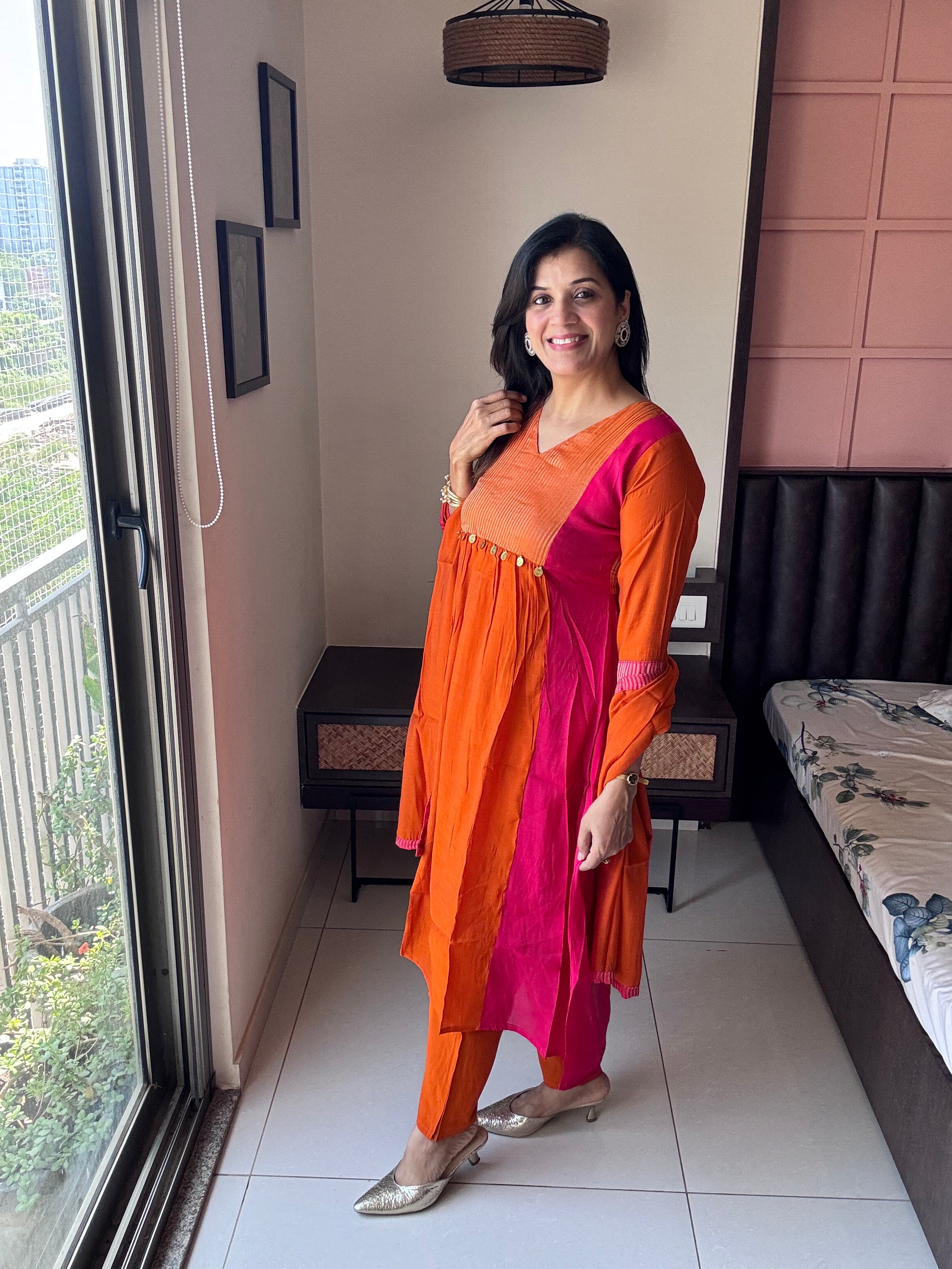 Orange & Pink A-Line Kurta Pant Dupatta Set | Coin Work | Mul Chanderi