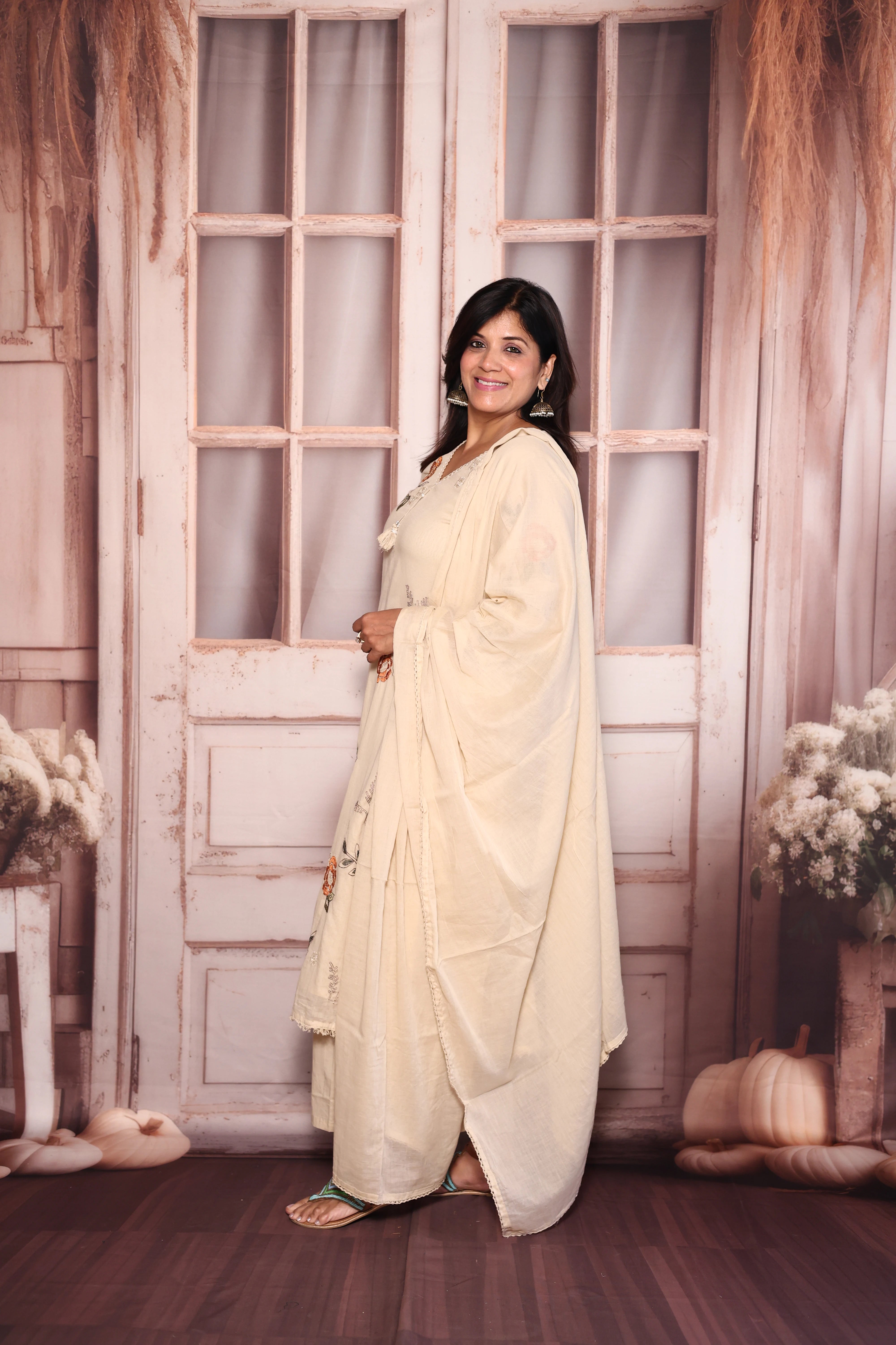 Beige Floral Embroidered A-Line Kurti Dupatta Set | Pure Mul Mul Ethnic Elegance