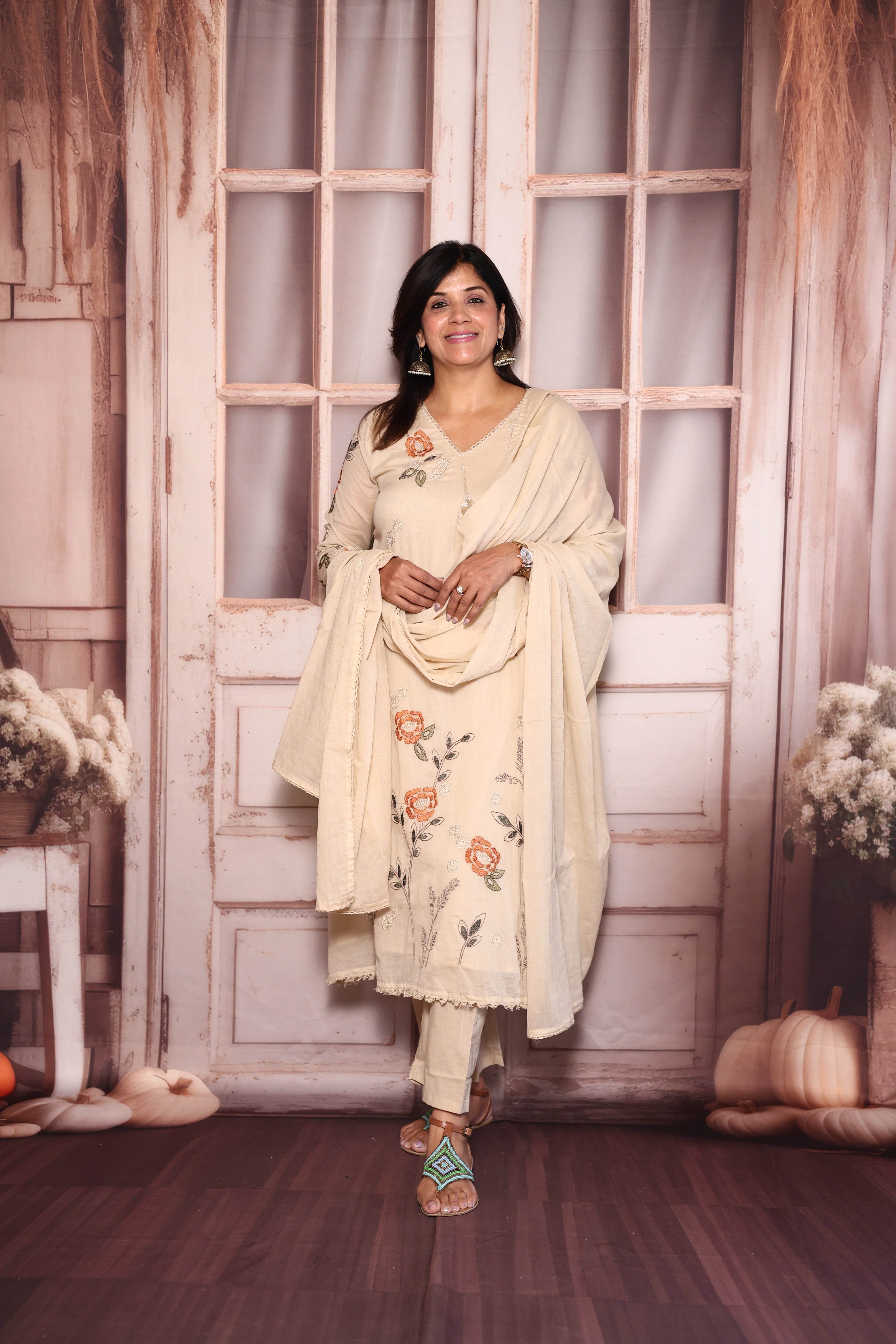 Beige Floral Embroidered A-Line Kurti Dupatta Set | Pure Mul Mul Ethnic Elegance