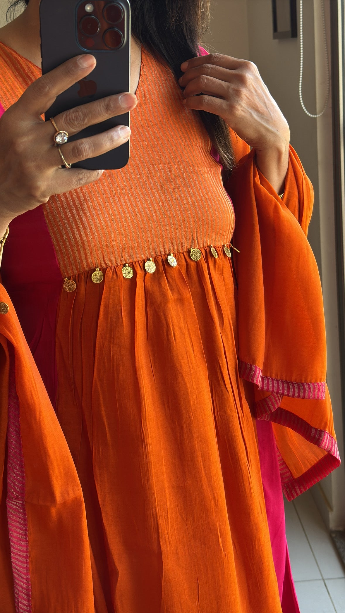 Orange & Pink A-Line Kurta Pant Dupatta Set | Coin Work | Mul Chanderi