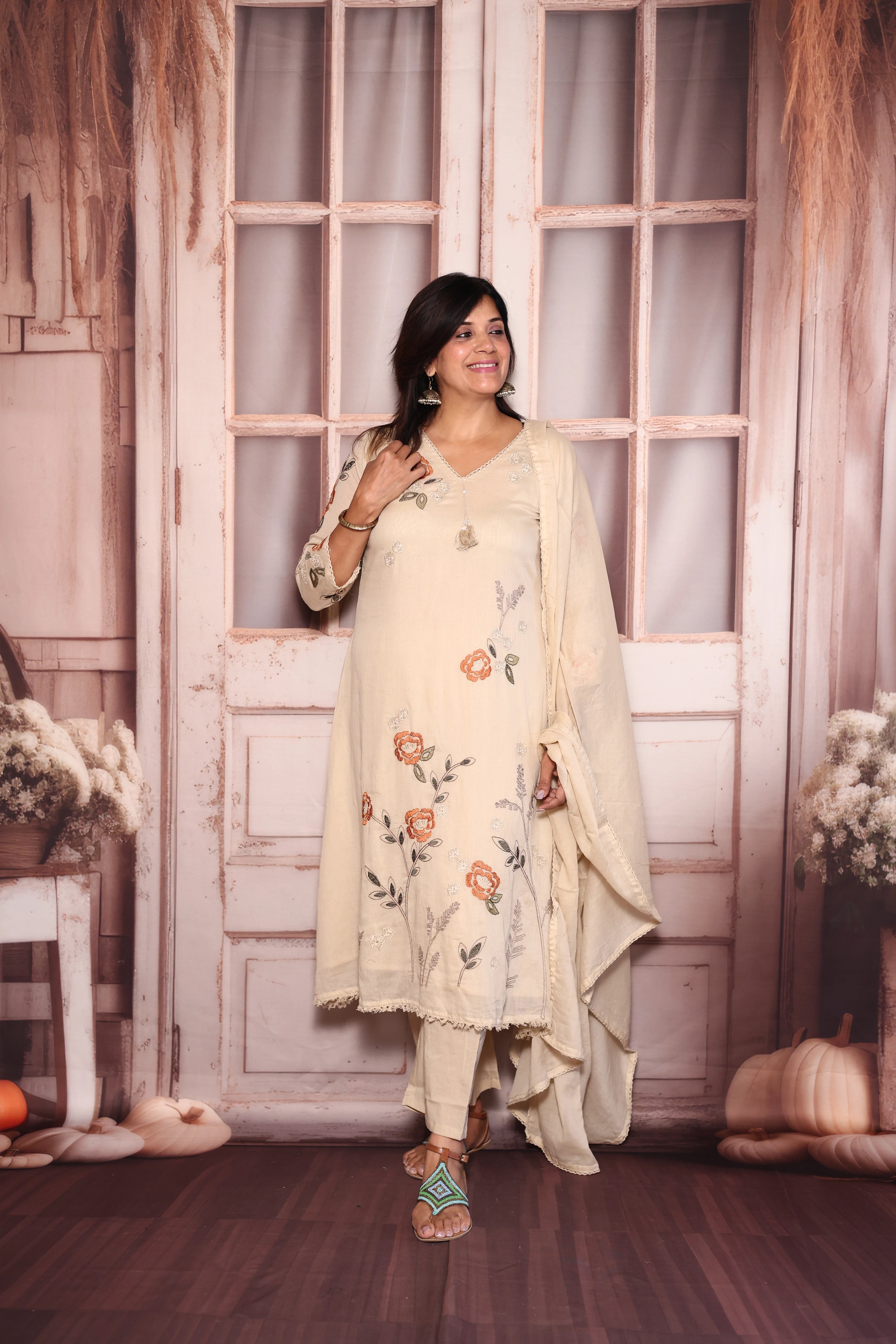 Beige Floral Embroidered A-Line Kurti Dupatta Set | Pure Mul Mul Ethnic Elegance
