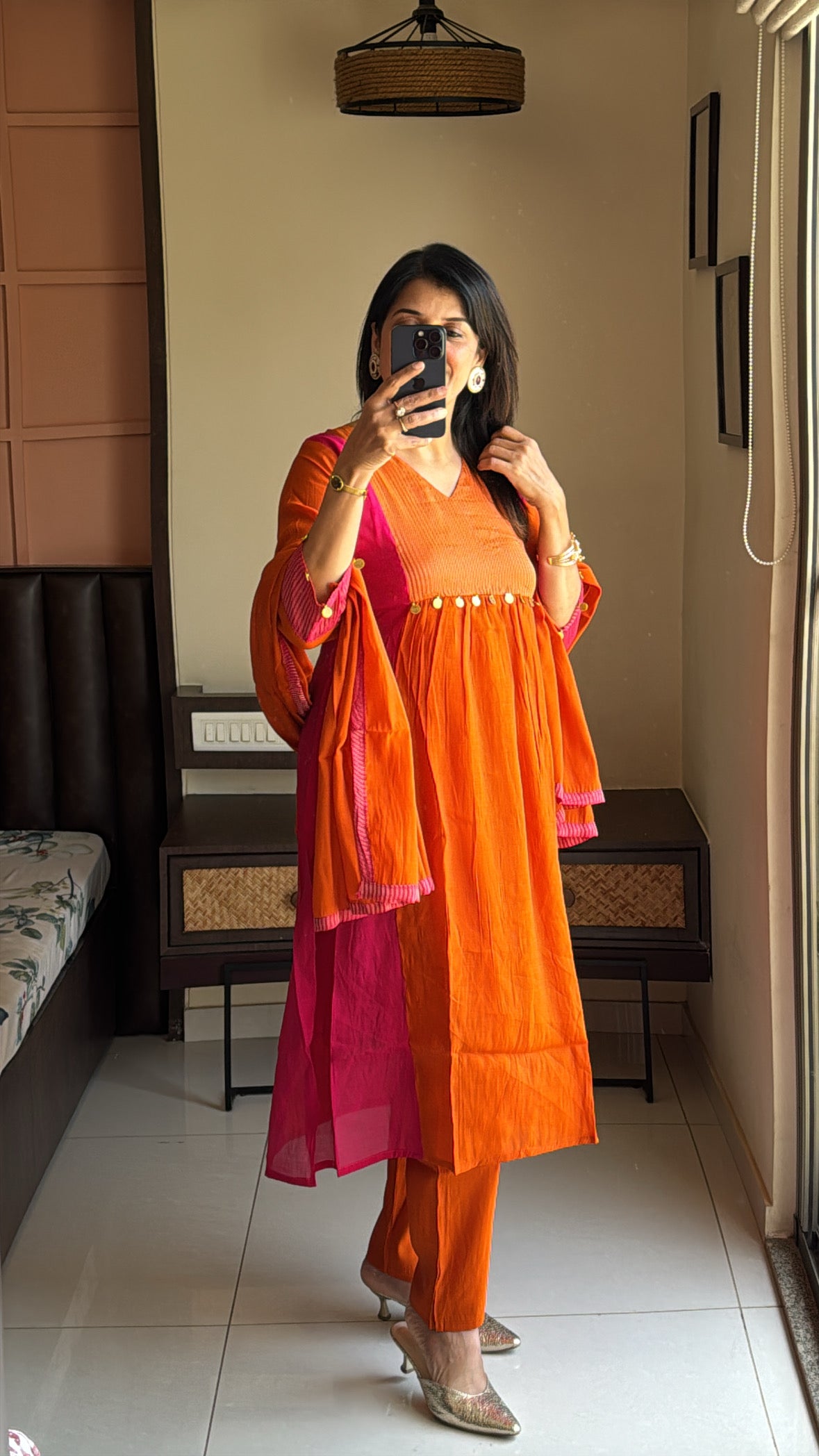 Orange & Pink A-Line Kurta Pant Dupatta Set | Coin Work | Mul Chanderi