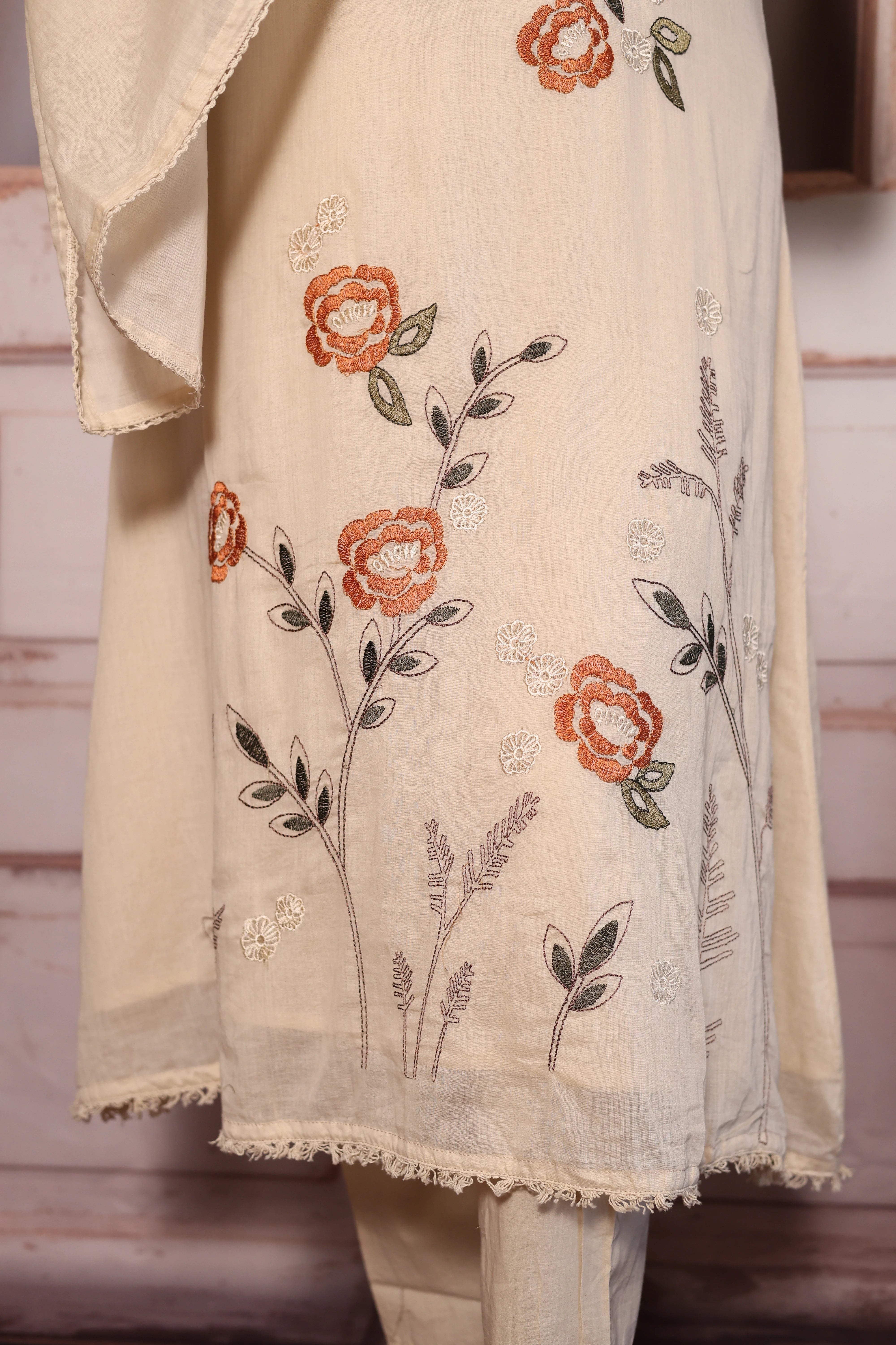 Beige Floral Embroidered A-Line Kurti Dupatta Set | Pure Mul Mul Ethnic Elegance