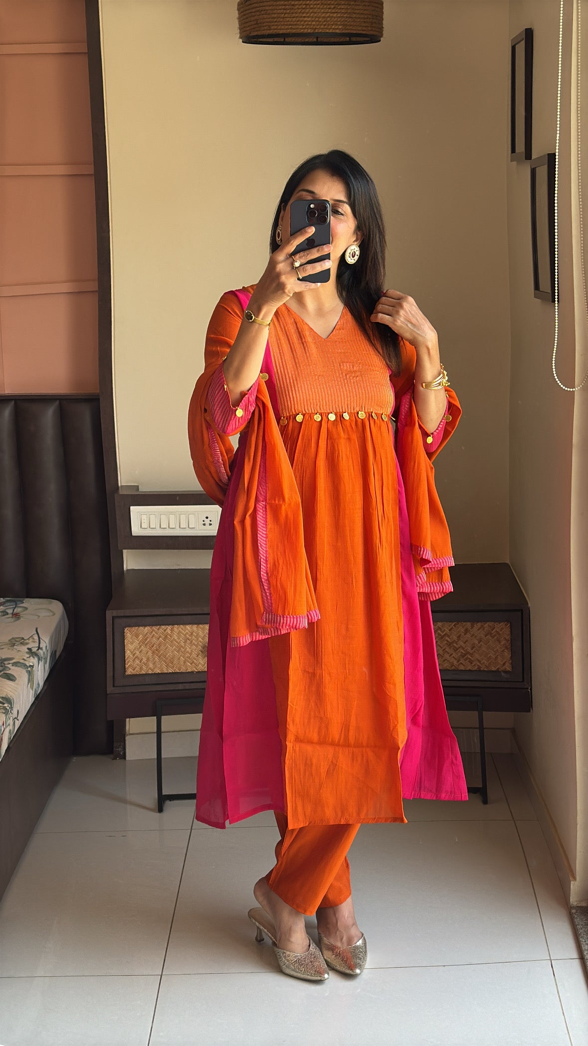 Orange & Pink A-Line Kurta Pant Dupatta Set | Coin Work | Mul Chanderi