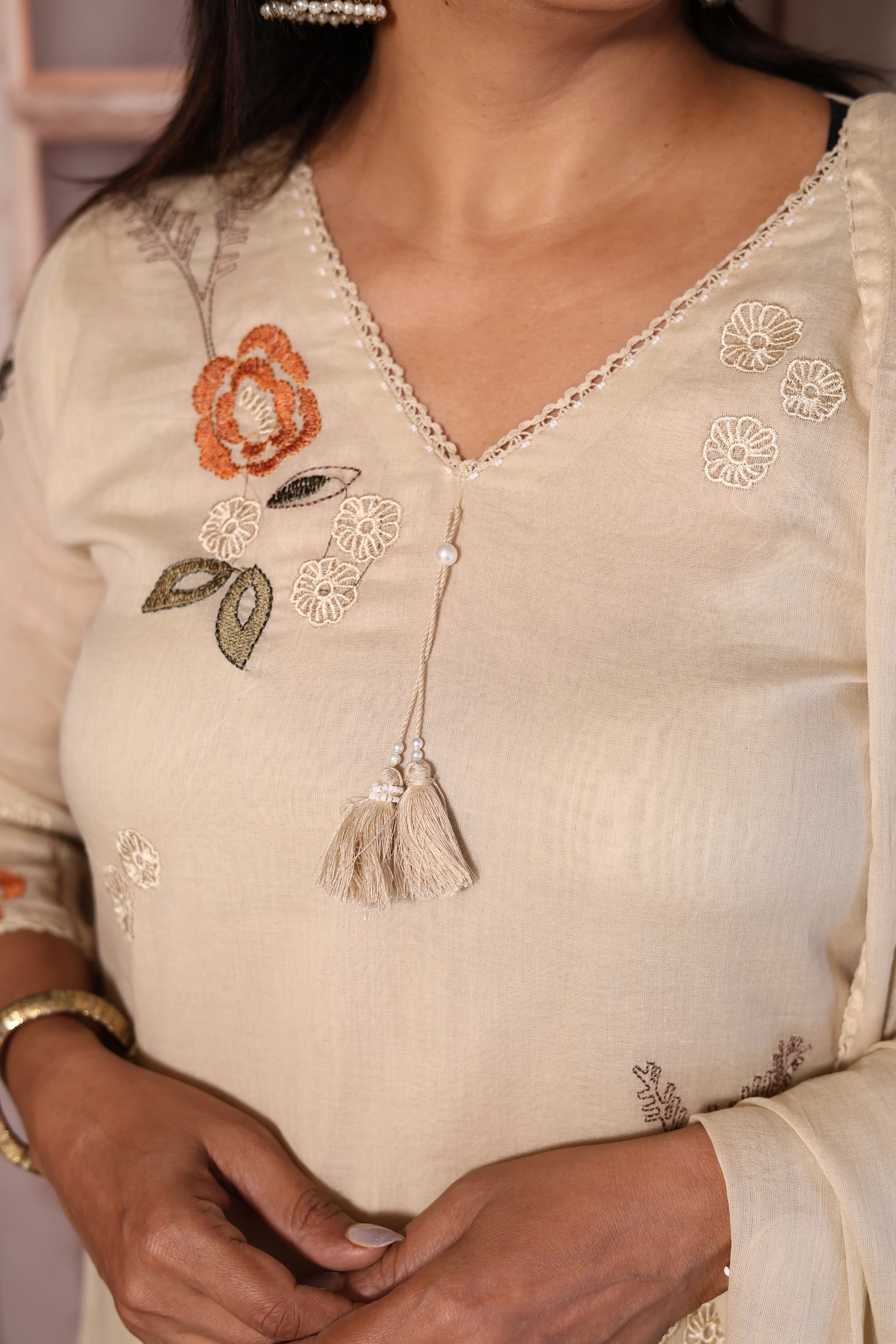 Beige Floral Embroidered A-Line Kurti Dupatta Set | Pure Mul Mul Ethnic Elegance